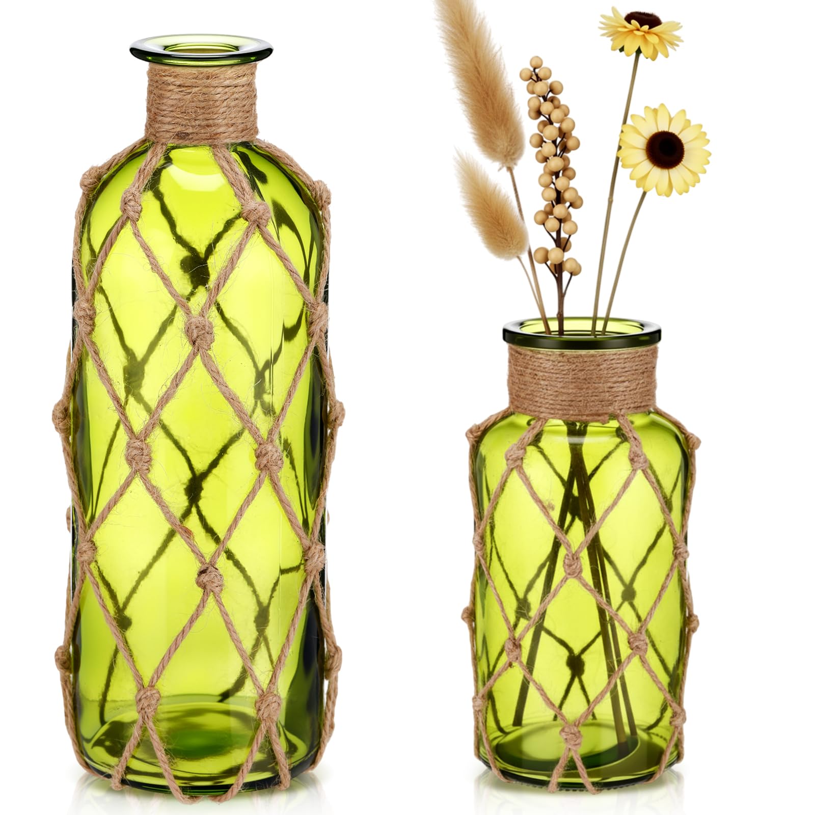 Chuangdi Set of 2 Coastal Glass Vases for Flowers TSITP Flower Vase with Boho Rope Small Sea Glass Jar Nautical Beach Bottle for Wedding Table Centerpieces Floral Arrangement Decor(Green)