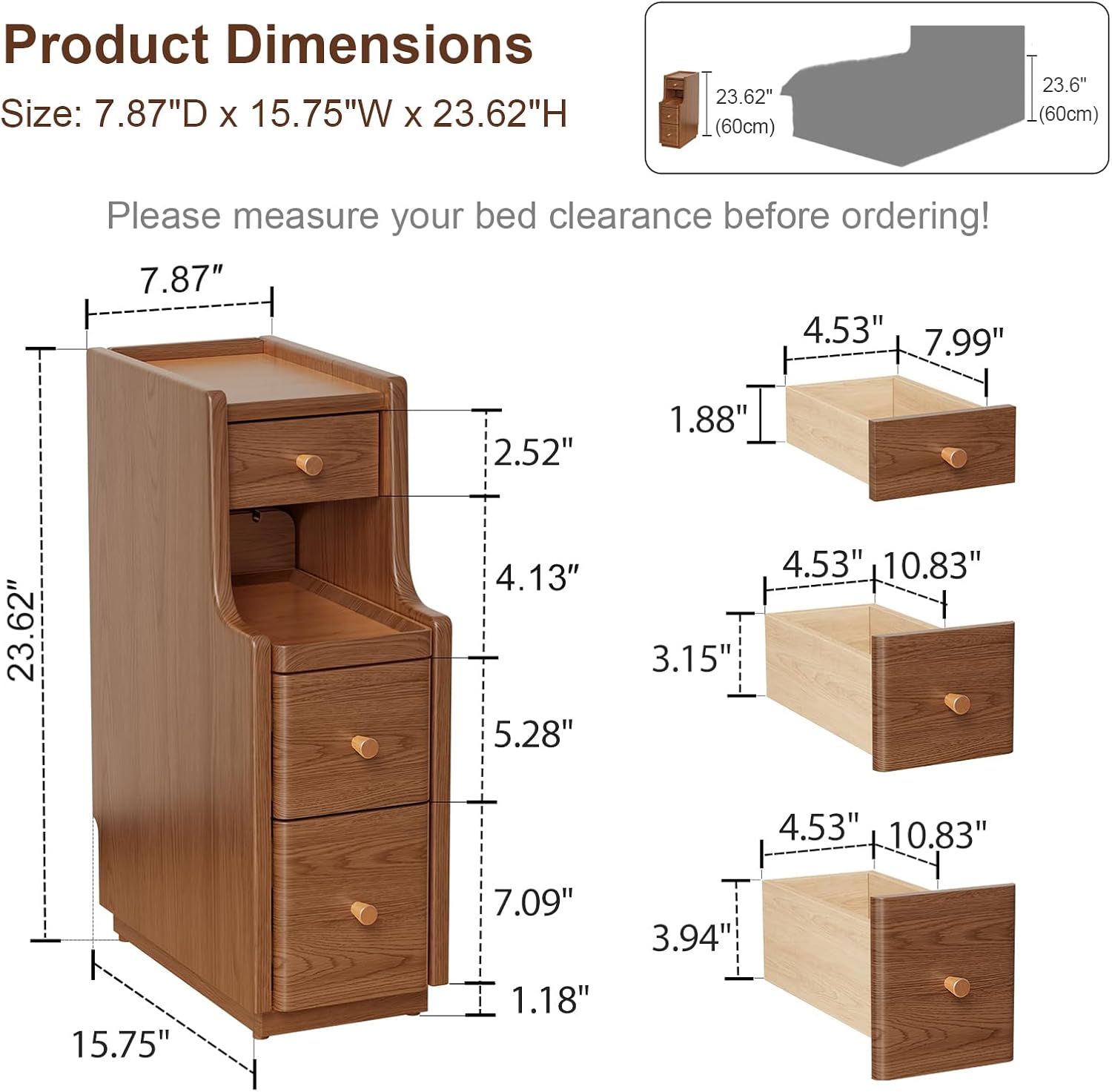 Narrow Nightstand with 3 Drawers,Solid Wood Narrow Bedside Table Walnut, Modern Skinny Nightstand for Bedroom(Fully Assembly)
