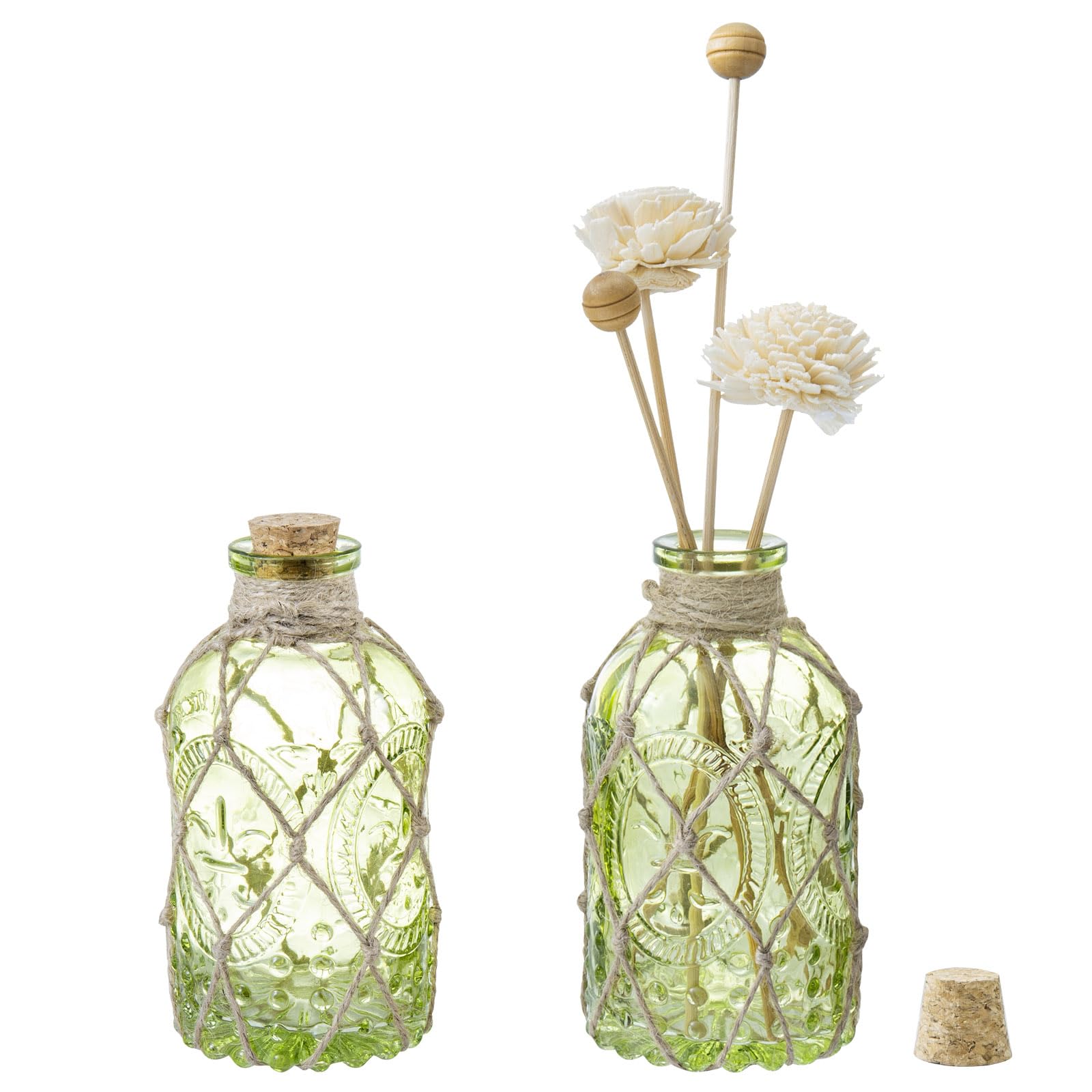 MyGift Vintage Design Embossed Fleur De Lis Clear Glass Bottles with Cork Lid, Apothecary Flower Bud Vases, Set of 6