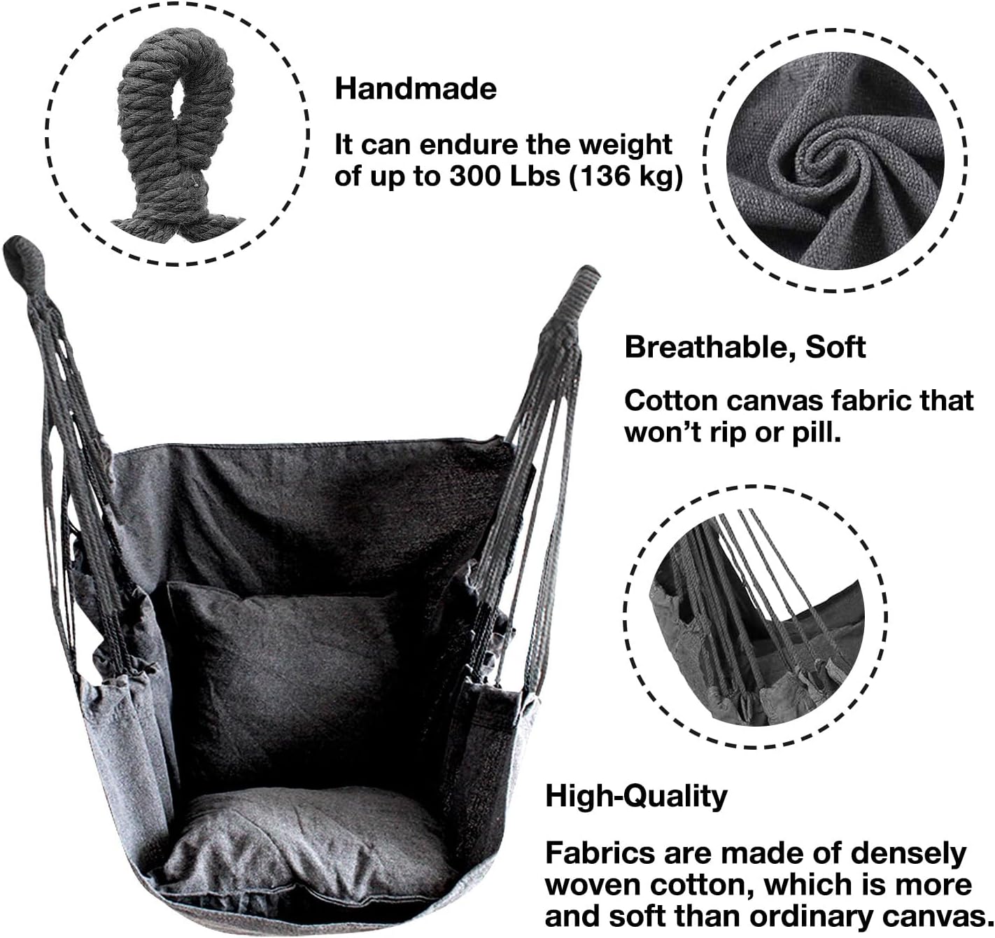 Hommtina Hammock Chair Hanging Rope Swing, Max 300 Lbs Hanging Chair with Pocket & Durability Perfect for Outdoor, Home, Bedroom, Patio, Yard (Pillows NOT Included,Dark Gray)