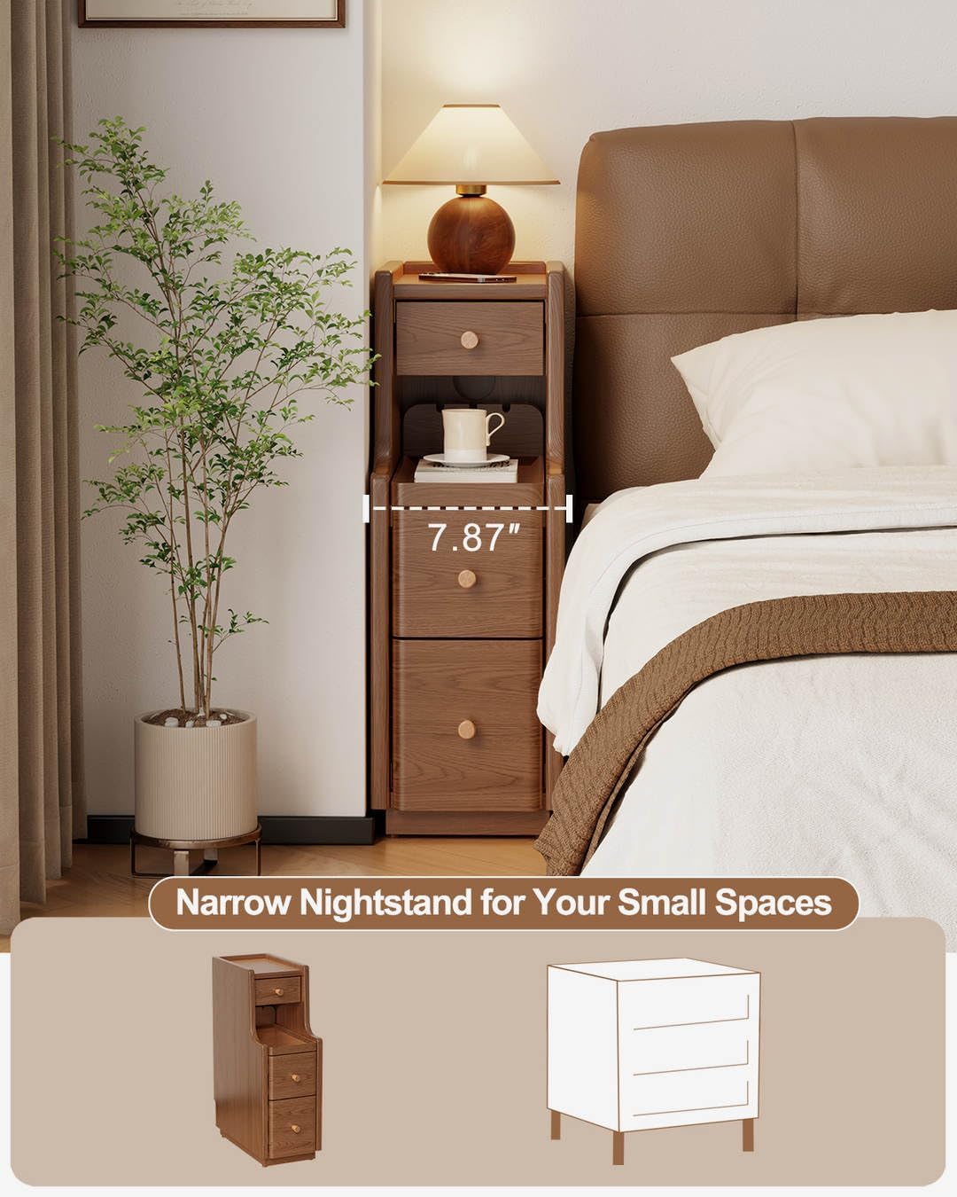 Narrow Nightstand with 3 Drawers,Solid Wood Narrow Bedside Table Walnut, Modern Skinny Nightstand for Bedroom(Fully Assembly)