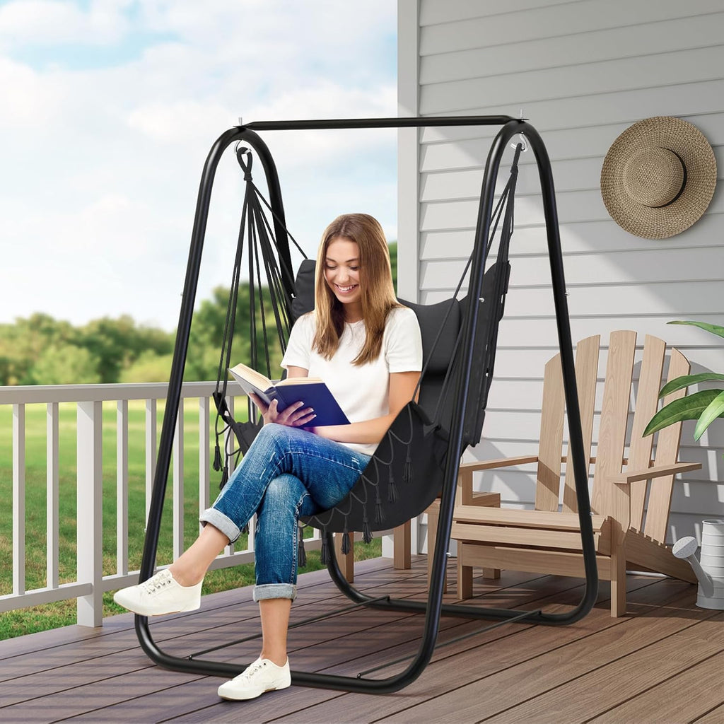 Grey Hammock Chair with Heavy-Duty Rustproof Stand, Indoor Outdoor Patio Swing Chair