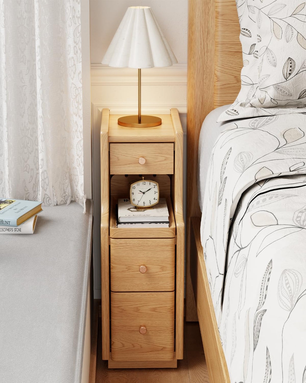 Narrow Nightstand with 3 Drawers,Solid Wood Narrow Bedside Table Natural, Modern Skinny Nightstand for Bedroom(Fully Assembly)