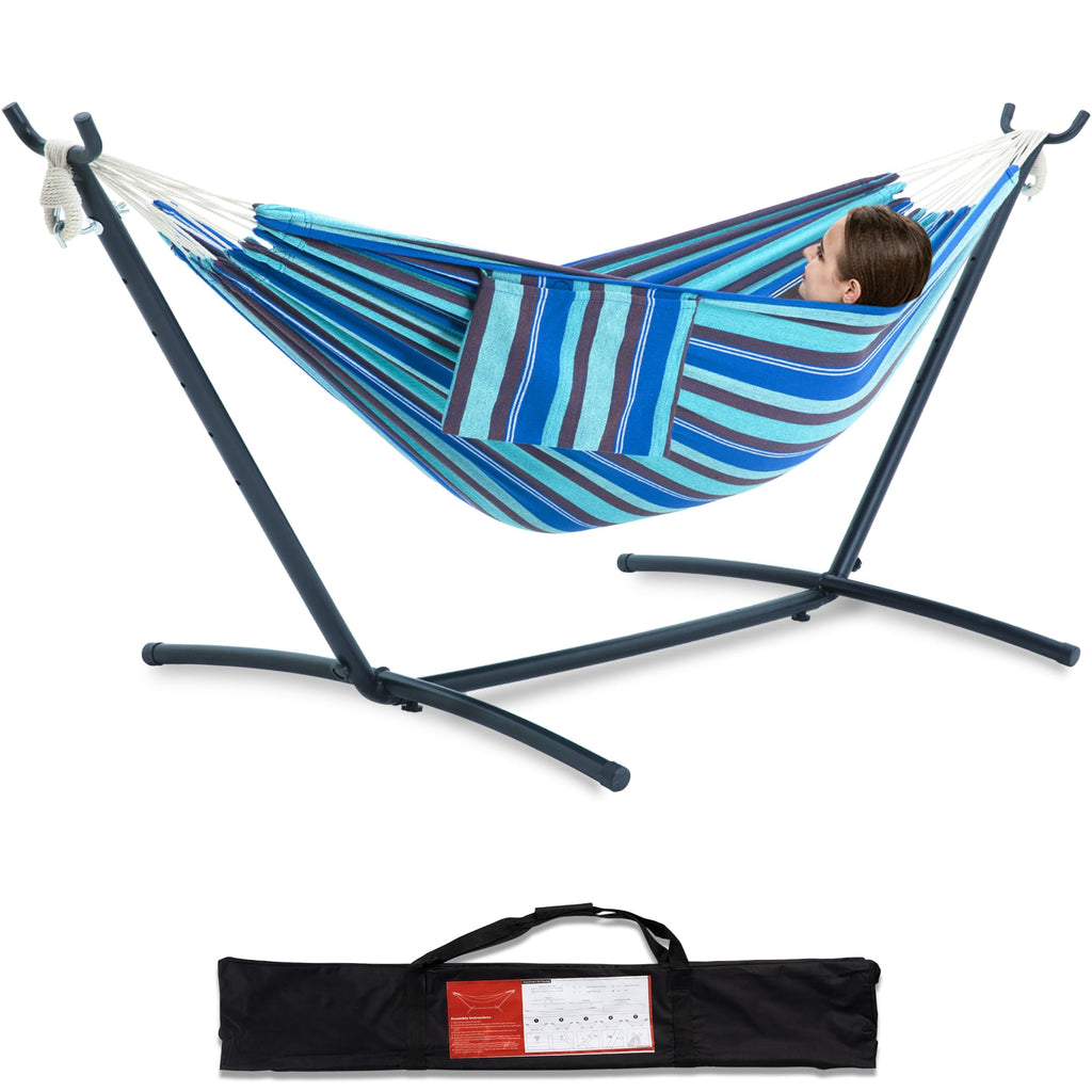 PNAEUT Double Hammocks with Stand for Outside, Portable Space Saving Heavy-Duty Steel Frame for Indoor Outdoor Patio Yard, Easy Assembly, 2 Person 450 lbs Capacity (Coffee)