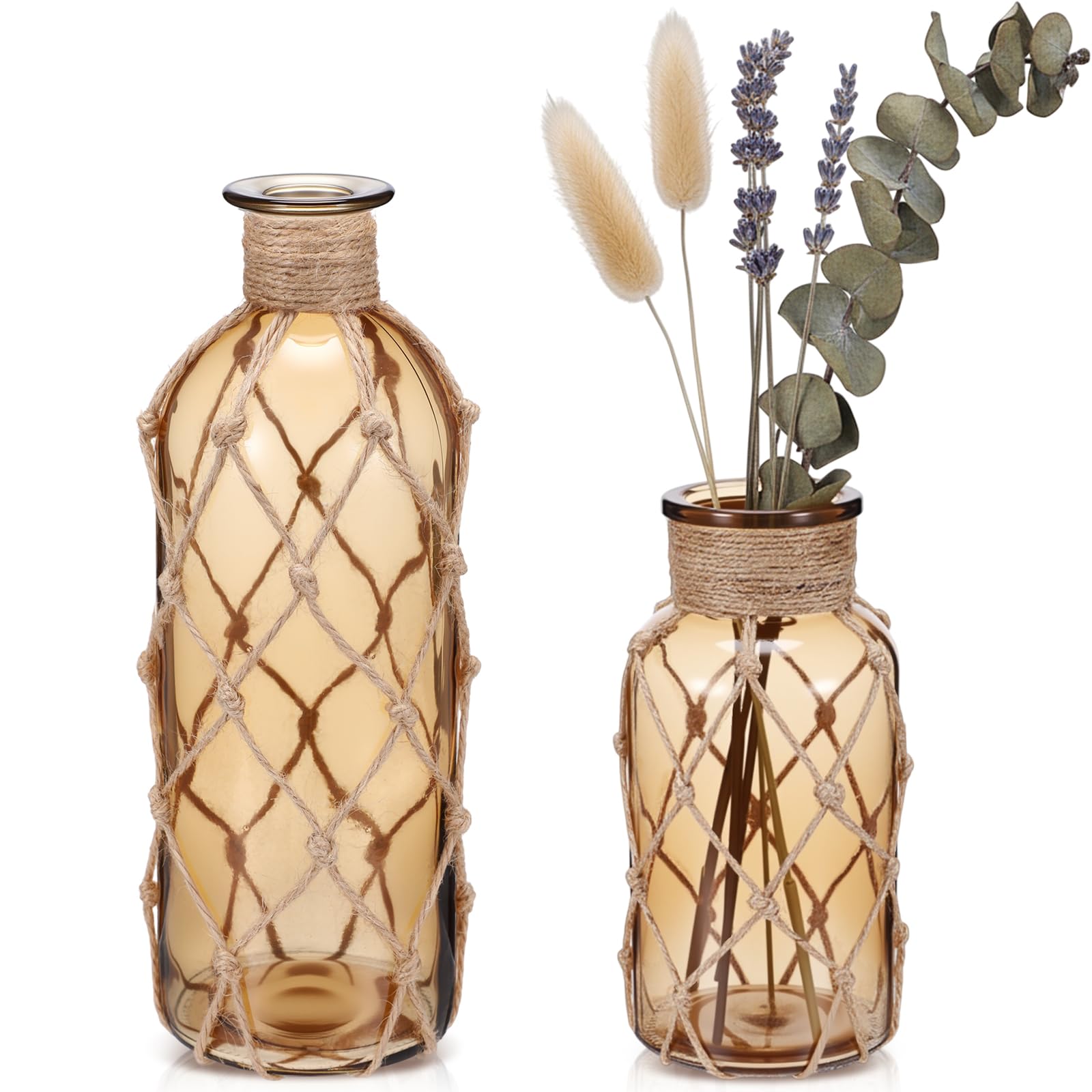 Chuangdi Set of 2 Coastal Glass Vases for Flowers TSITP Flower Vase with Boho Rope Small Sea Glass Jar Nautical Beach Bottle for Wedding Table Centerpieces Floral Arrangement Decor(Green)