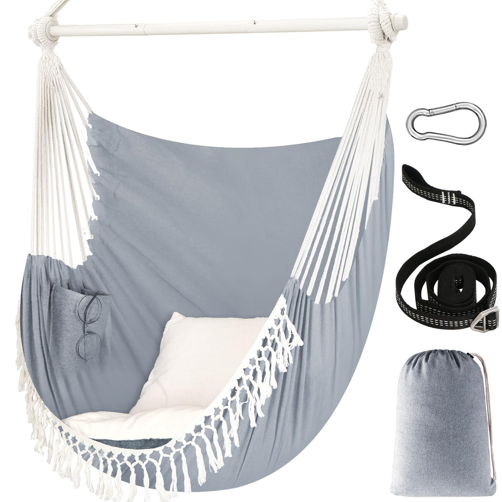 Chihee Hammock Chair Hanging Swing Max 500 Lbs 2 Cushions Included Steel Spreader Bar with Anti-Slip Grooves Portable Hanging Chair Side Pocket Large Macrame Bohemian Chair Indoor Outdoor