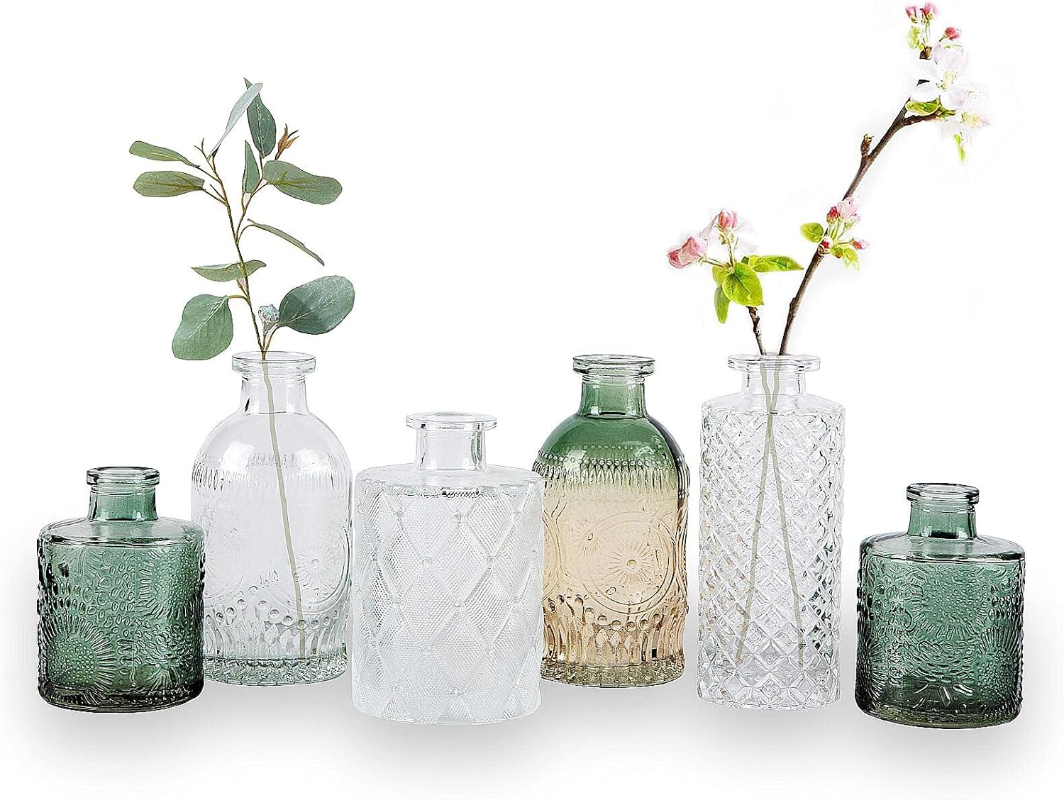 Set of 6 Gradient Embossed Glass Mini Bud Vases, Clear Green Vintage Decor Flower Bottles 3.3"-5.2"H