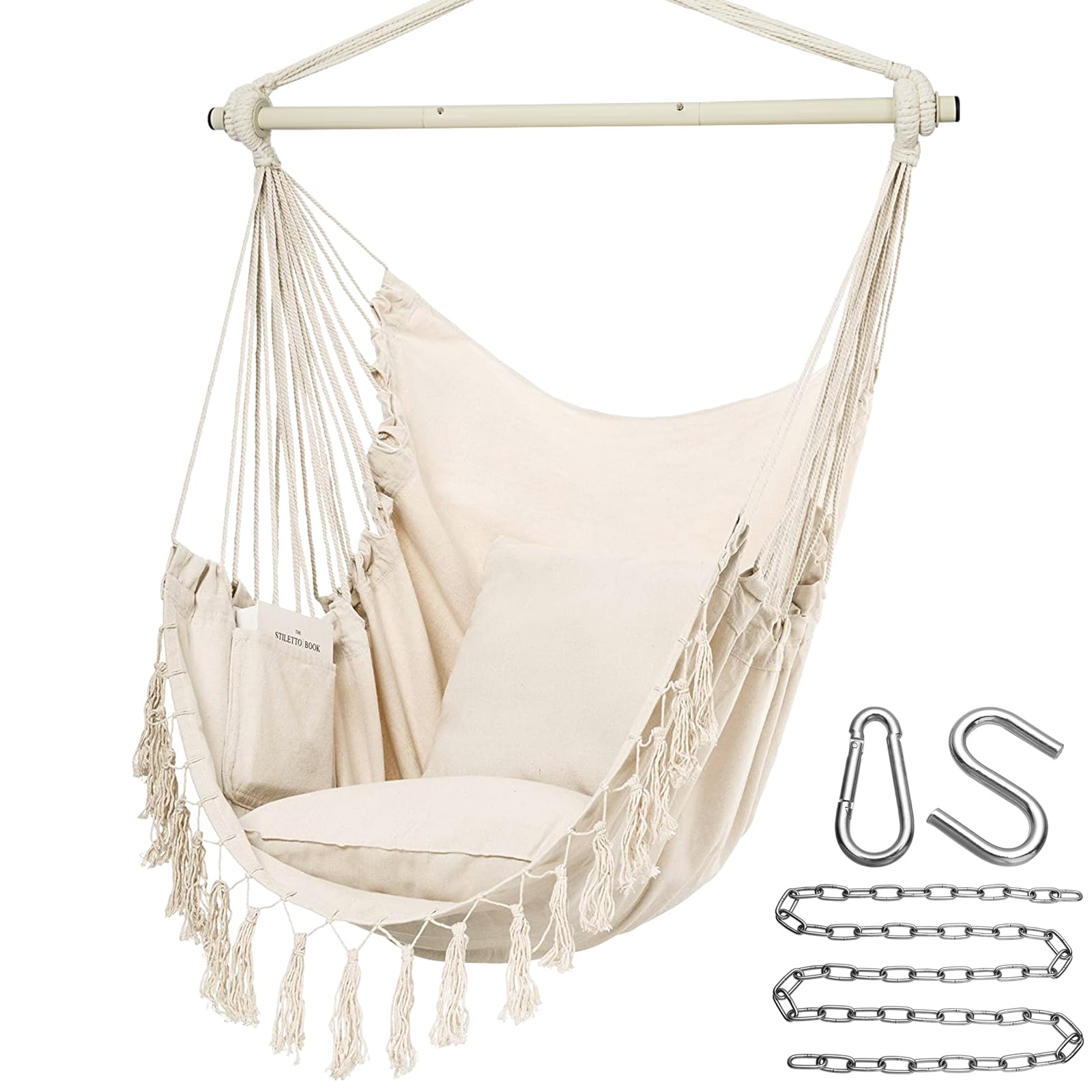 Y- STOP Hammock Chair Hanging Rope Swing, Max 500 Lbs, 2 Cushions Included, Large Macrame Hanging Chair with Pocket, Cotton Weave for Superior Comfort, Durability (Dark Grey)