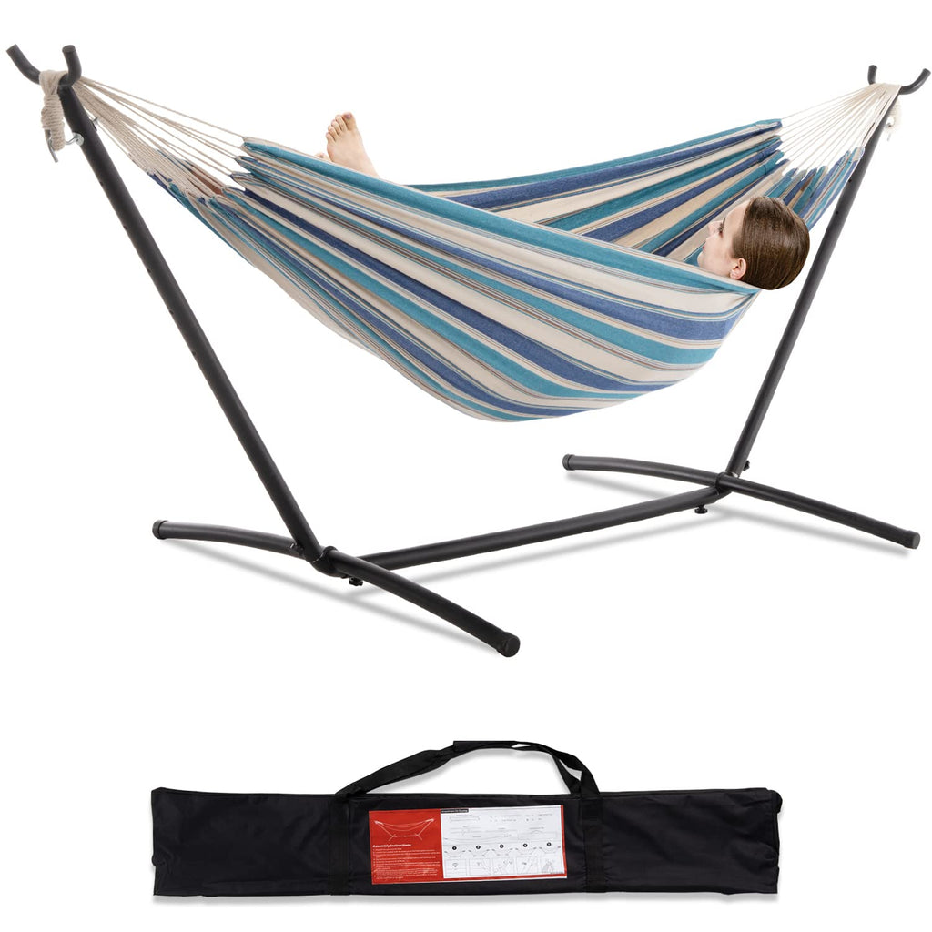 PNAEUT Double Hammocks with Stand for Outside, Portable Space Saving Heavy-Duty Steel Frame for Indoor Outdoor Patio Yard, Easy Assembly, 2 Person 450 lbs Capacity (Coffee)