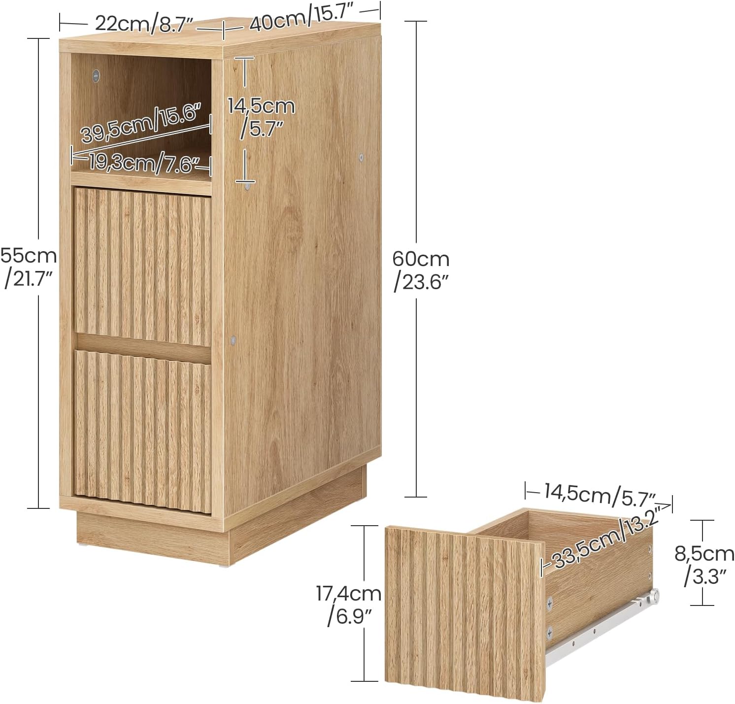 8.7" Narrow Fluted Natural Nightstand, Slim Bedside Table with Drawer & Open Shelf for Bedroom Living Room