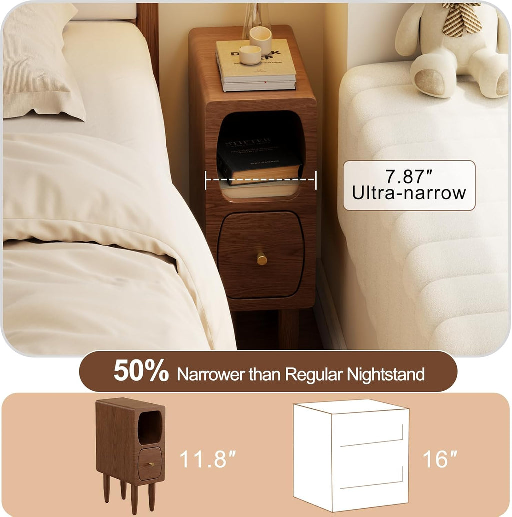 Skinny Nightstand with Drawer, Slim Narrow Bedside Table for Small Spaces, Modern Wood Side Table for Bedroom, Walnut