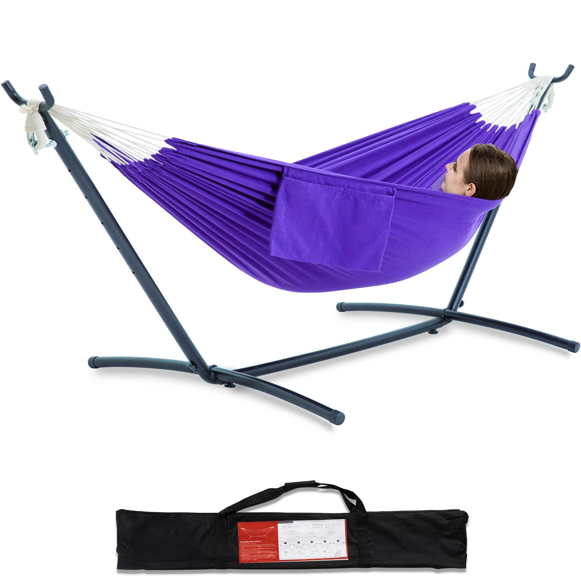 PNAEUT Double Hammocks with Stand for Outside, Portable Space Saving Heavy-Duty Steel Frame for Indoor Outdoor Patio Yard, Easy Assembly, 2 Person 450 lbs Capacity (Coffee)