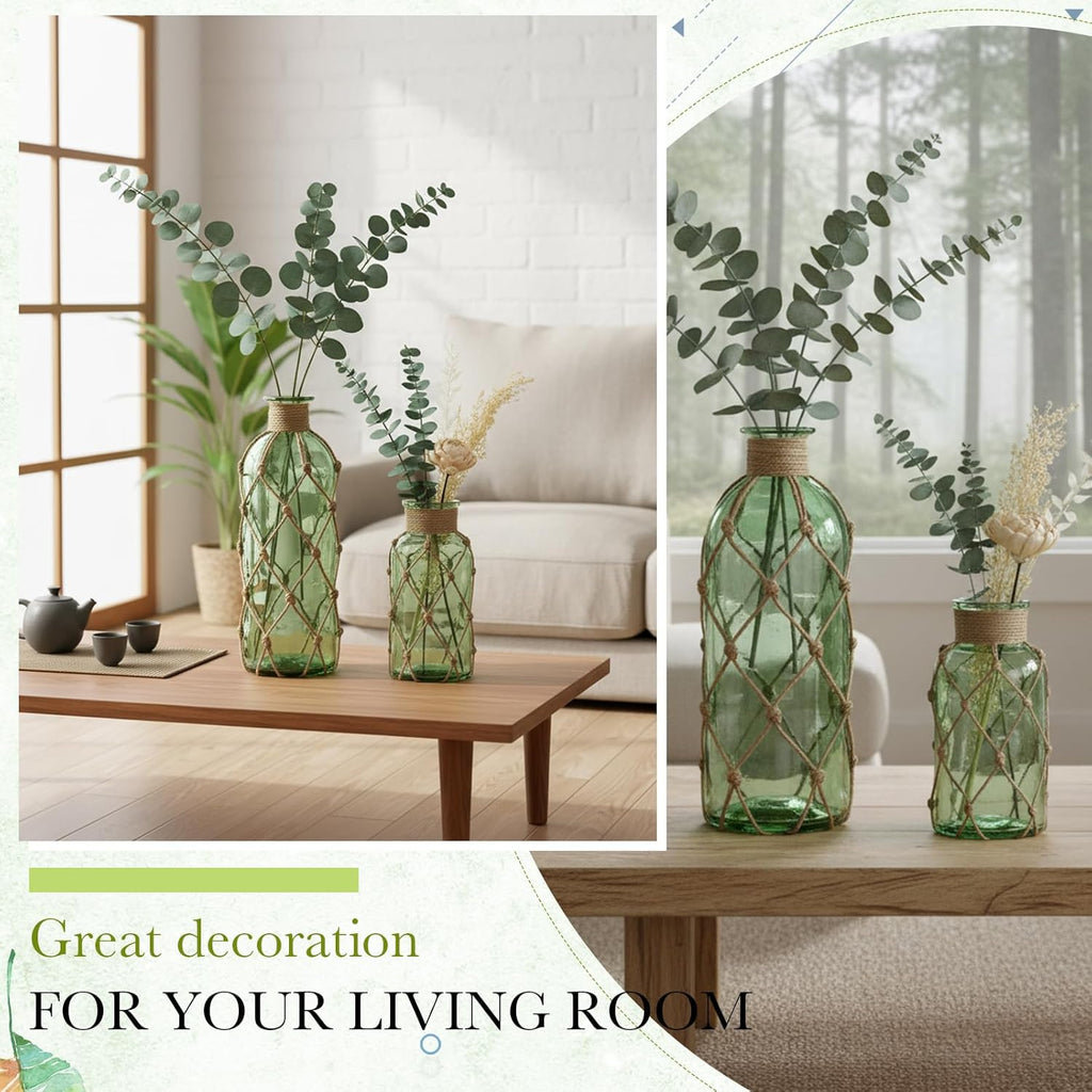 Chuangdi Set of 2 Coastal Glass Vases for Flowers TSITP Flower Vase with Boho Rope Small Sea Glass Jar Nautical Beach Bottle for Wedding Table Centerpieces Floral Arrangement Decor(Green)