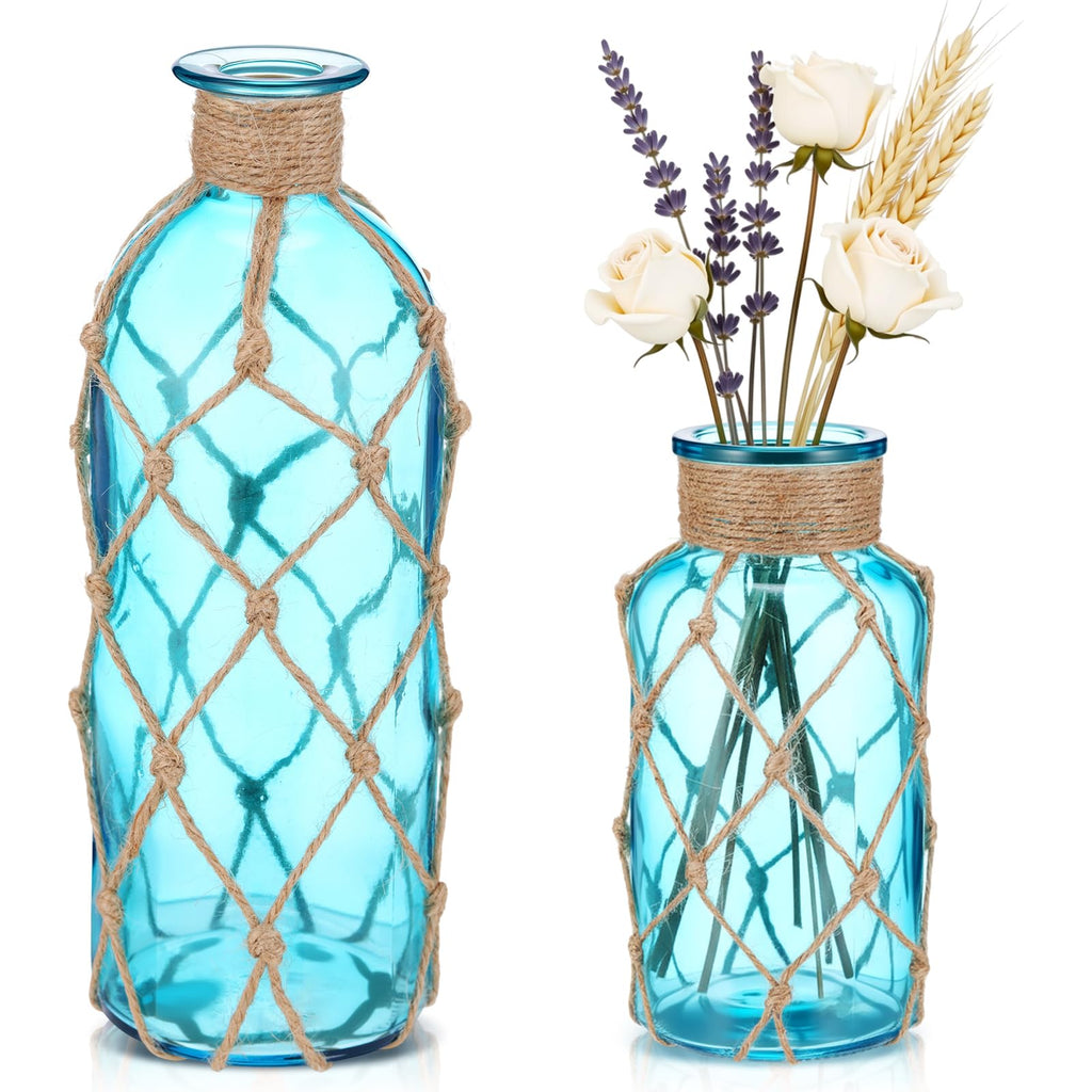 Chuangdi Set of 2 Coastal Glass Vases for Flowers TSITP Flower Vase with Boho Rope Small Sea Glass Jar Nautical Beach Bottle for Wedding Table Centerpieces Floral Arrangement Decor(Green)