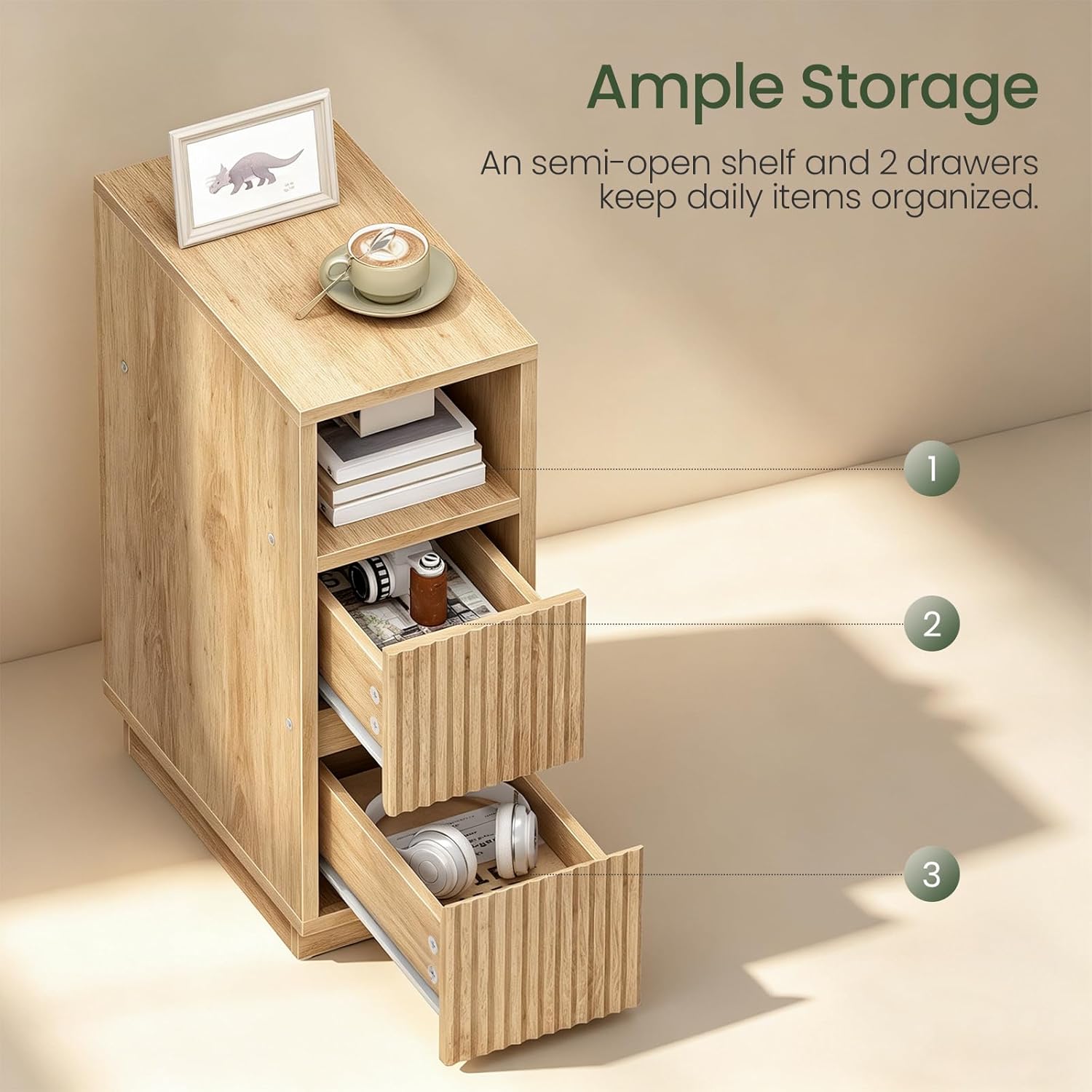 8.7" Narrow Fluted Natural Nightstand, Slim Bedside Table with Drawer & Open Shelf for Bedroom Living Room