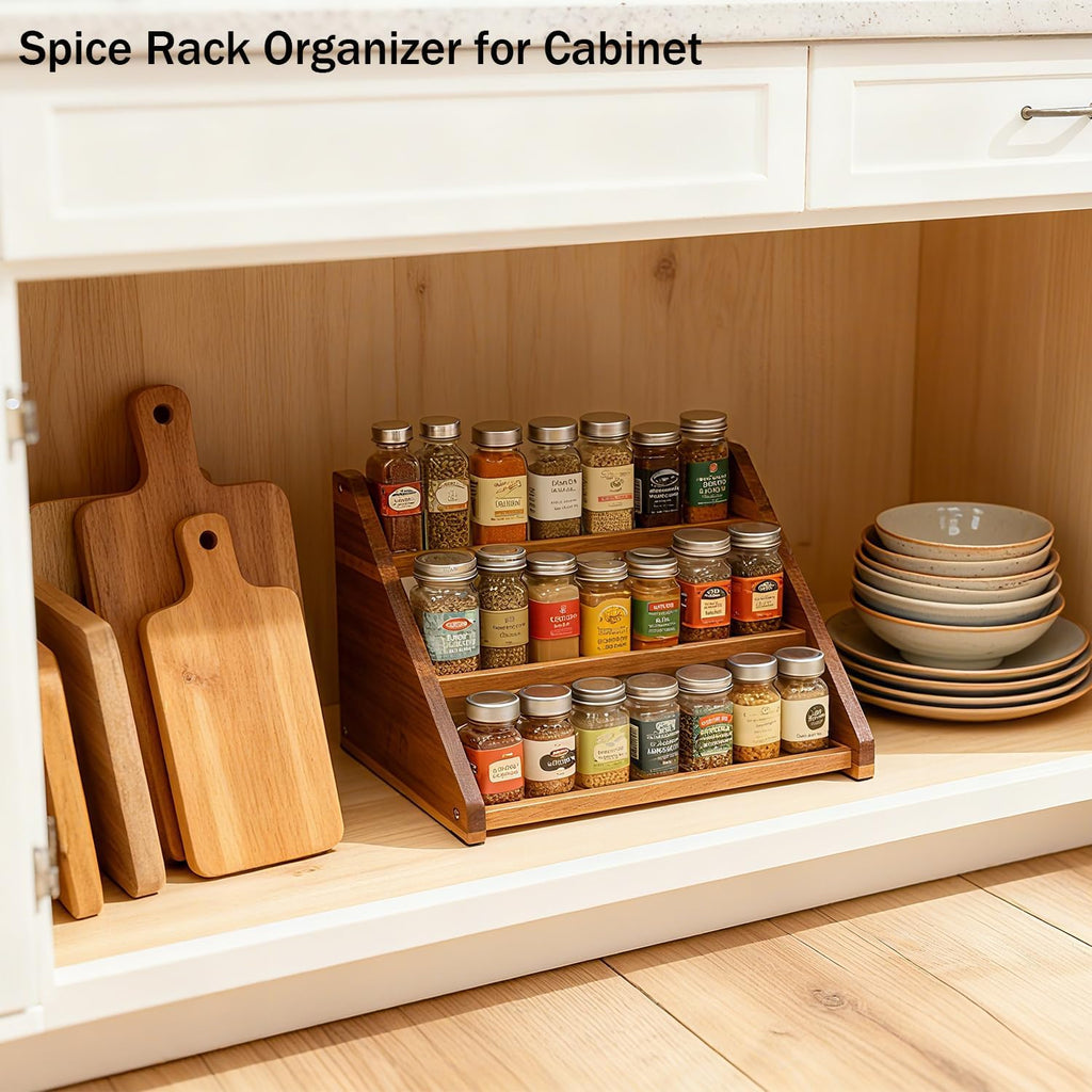 Acacia Wooden Spice Rack for Countertop - 3 Tiered Spice Rack Organizer for Cabinet - Kitchen Spices Organizers Holds 21 Jars - Spices Shelf for Kitchen Storage Pantry Seasoning Organizer