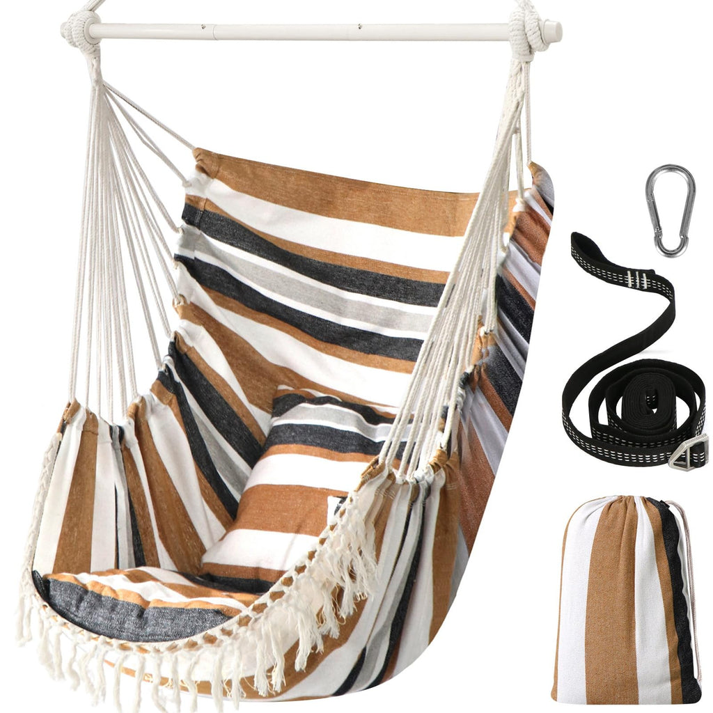 Chihee Hammock Chair Hanging Swing Max 500 Lbs 2 Cushions Included Steel Spreader Bar with Anti-Slip Grooves Portable Hanging Chair Side Pocket Large Macrame Bohemian Chair Indoor Outdoor