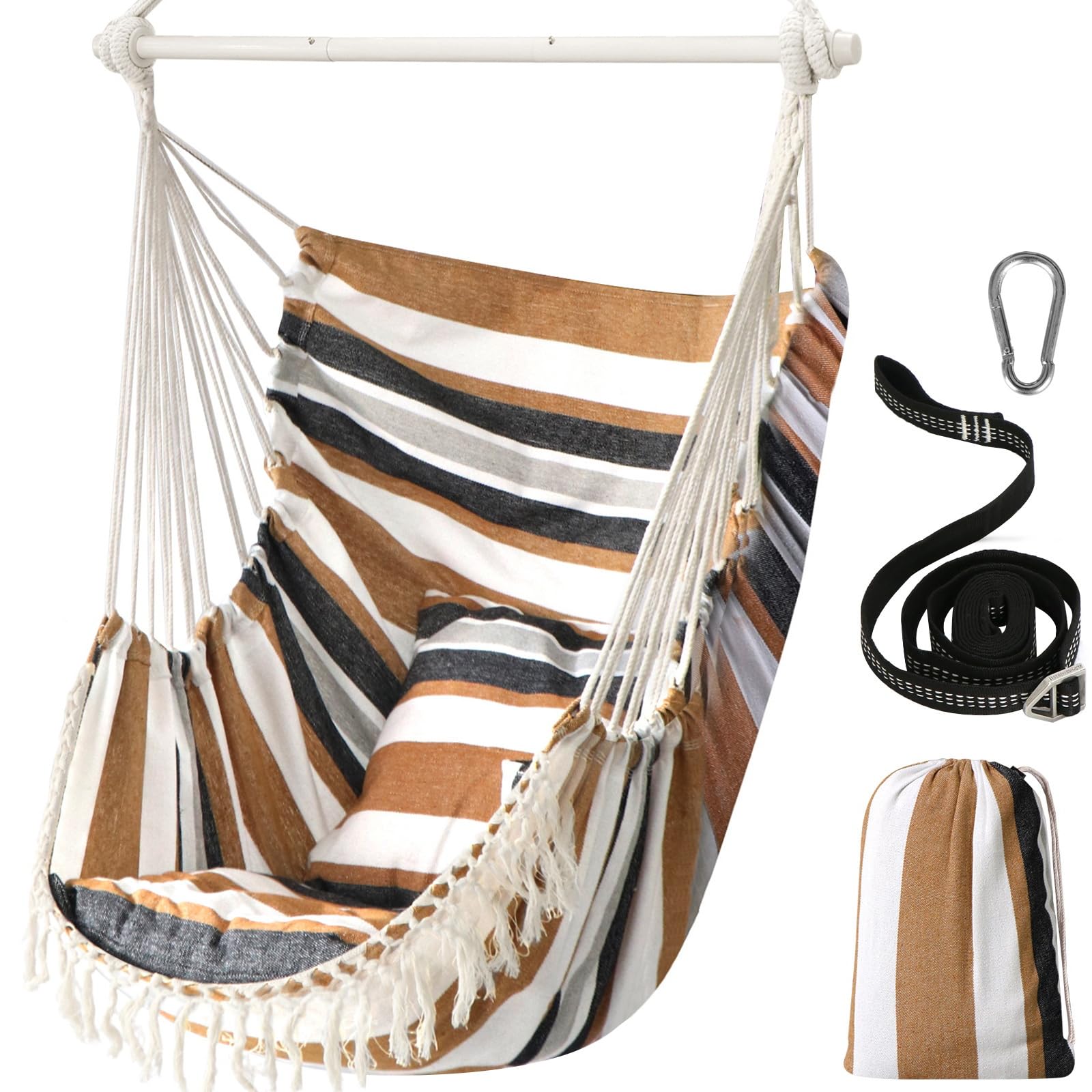 Chihee Hammock Chair Hanging Swing Max 500 Lbs 2 Cushions Included Steel Spreader Bar with Anti-Slip Grooves Portable Hanging Chair Side Pocket Large Macrame Bohemian Chair Indoor Outdoor
