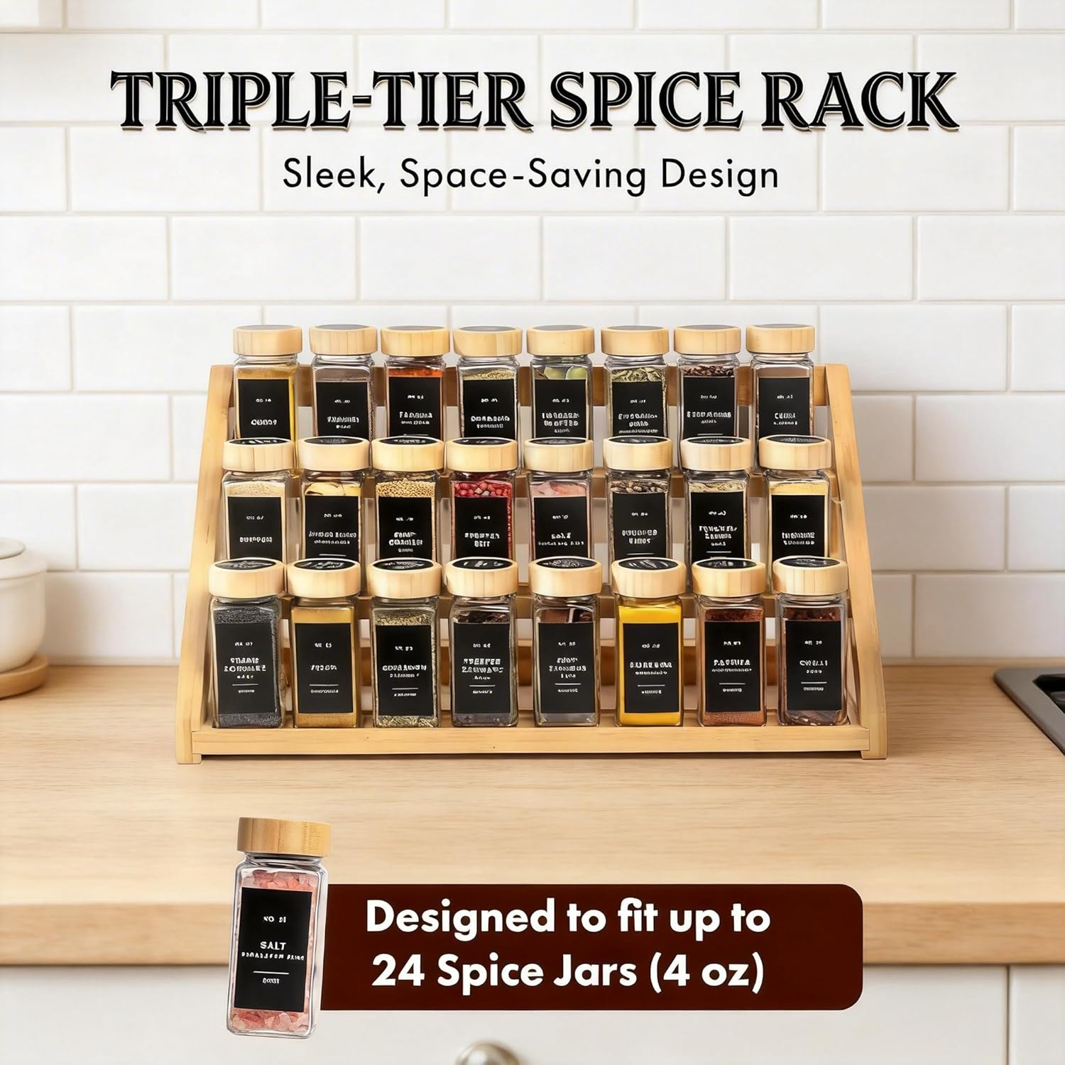 3-Tier Bamboo Spice Rack Organizer, Kitchen Countertop Storage Shelf