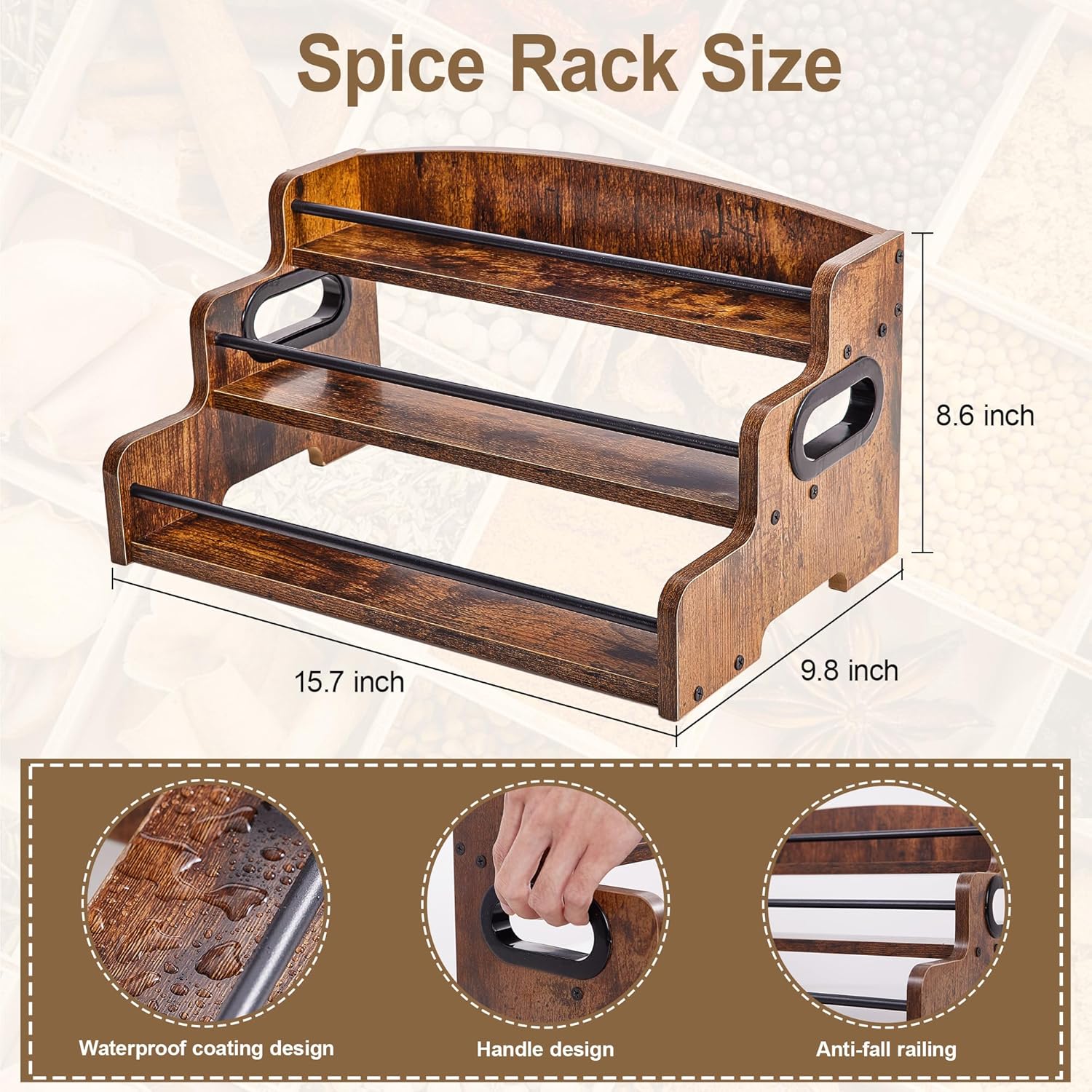 Aminigram Wood Spice Rack Organizer for Cabinet, 3 Tier Spice Shelf Storage, Kitchen Seasoning Organizer for Spice Bottles, Jars, Seasonings, Baking Supplies