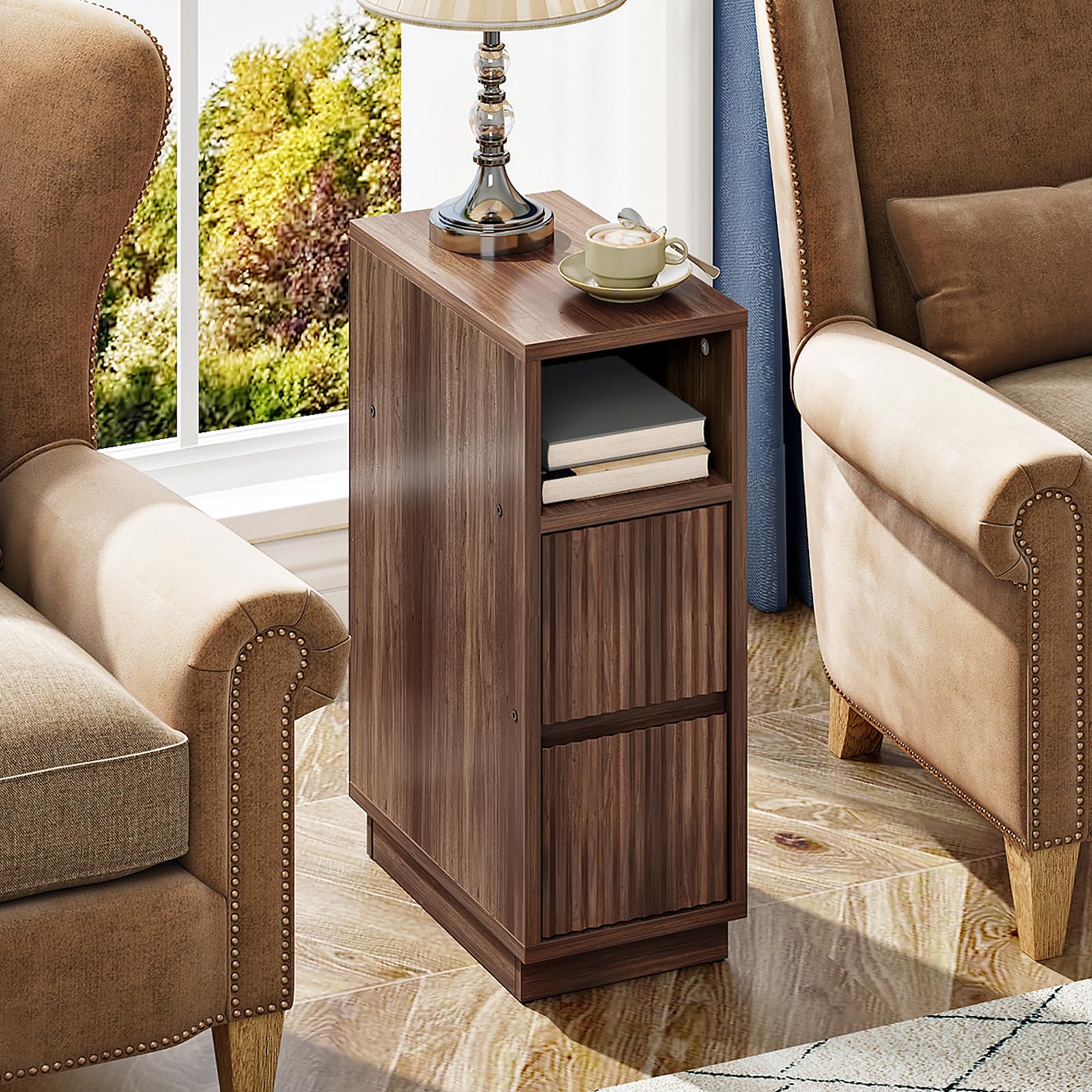 8.7" Narrow Fluted Natural Nightstand, Slim Bedside Table with Drawer & Open Shelf for Bedroom Living Room