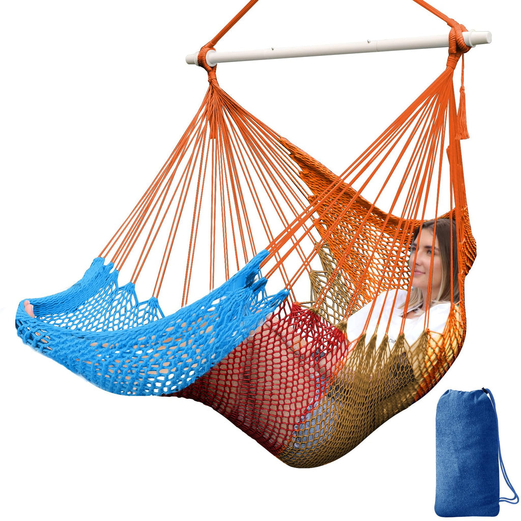 Chihee Hammock Chair Handmade Hanging Chair Cotton Rope Woven Hanging Seat Soft-Spun Large Stretch Hammock Swing, Collapsible Strong Metal Spreader Bar Elegant Macrame Comfort Indoor Outdoor Garden