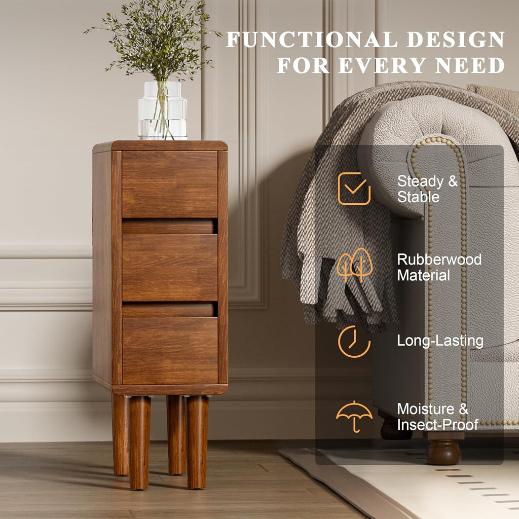 Narrow Nightstand with 3 Drawers Narrow Night Stand Solid Wood Bedside Table Mid Century Modern Nightstand Wooden End Table for Bedroom, Living Room, Study, Office