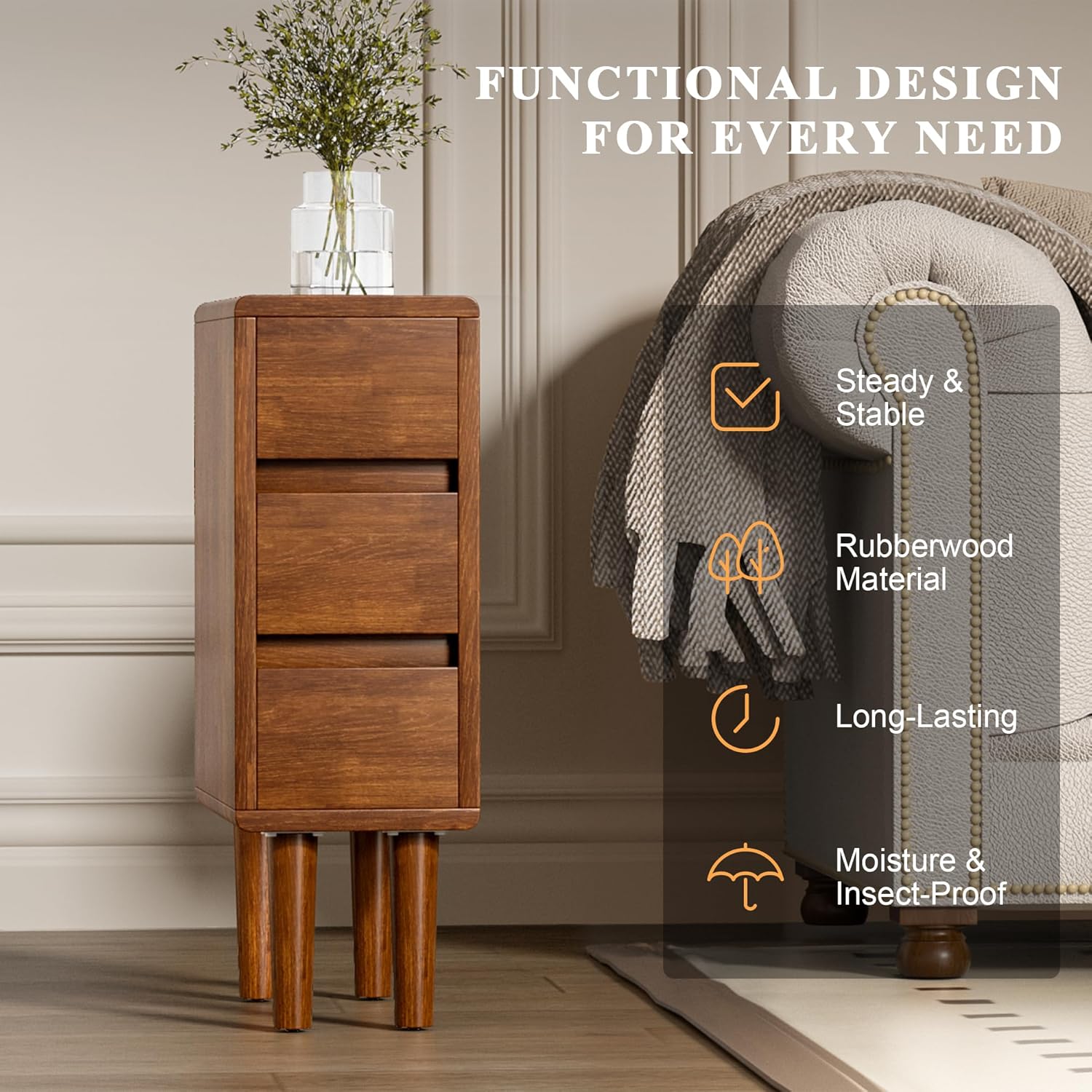 Narrow Nightstand with 3 Drawers Narrow Night Stand Solid Wood Bedside Table Mid Century Modern Nightstand Wooden End Table for Bedroom, Living Room, Study, Office