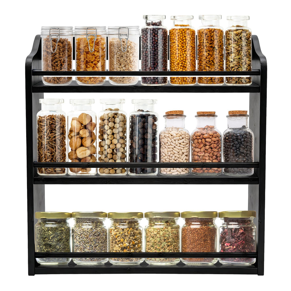 3 Tier Bamboo Spice Rack, Seasoning Jars Rack Shelf Spice Organizer for Kitchen Counter or Wall Mounting