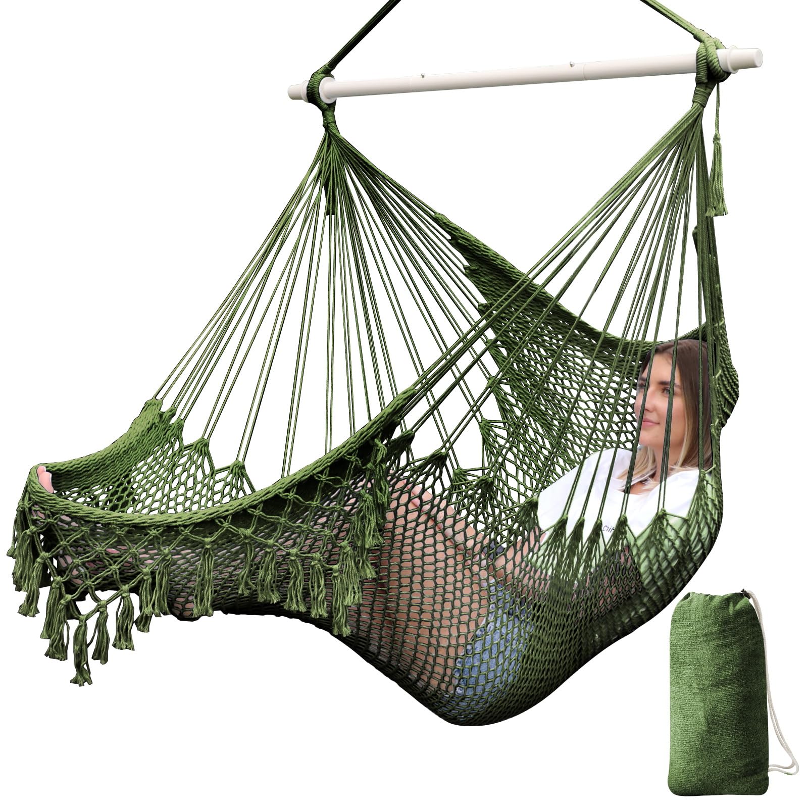 Chihee Hammock Chair Handmade Hanging Chair Cotton Rope Woven Hanging Seat Soft-Spun Large Stretch Hammock Swing, Collapsible Strong Metal Spreader Bar Elegant Macrame Comfort Indoor Outdoor Garden