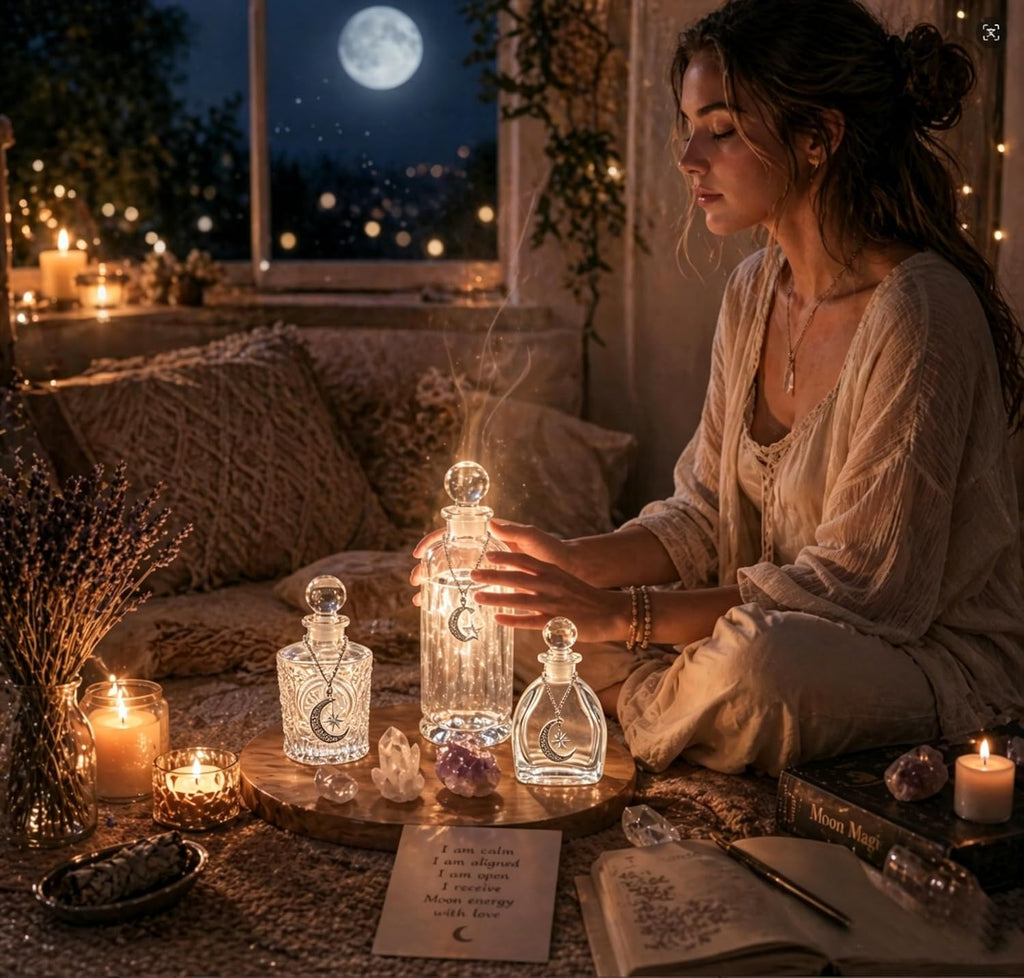 Moon Energy Glass Bottle Set, 3 Pack, with Lunar Star Chain, for Crystal Cleansing, Meditation, Witchcraft, Home Decor (3)