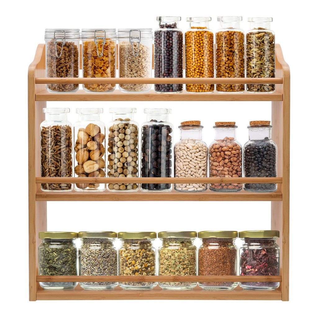3 Tier Bamboo Spice Rack, Seasoning Jars Rack Shelf Spice Organizer for Kitchen Counter or Wall Mounting