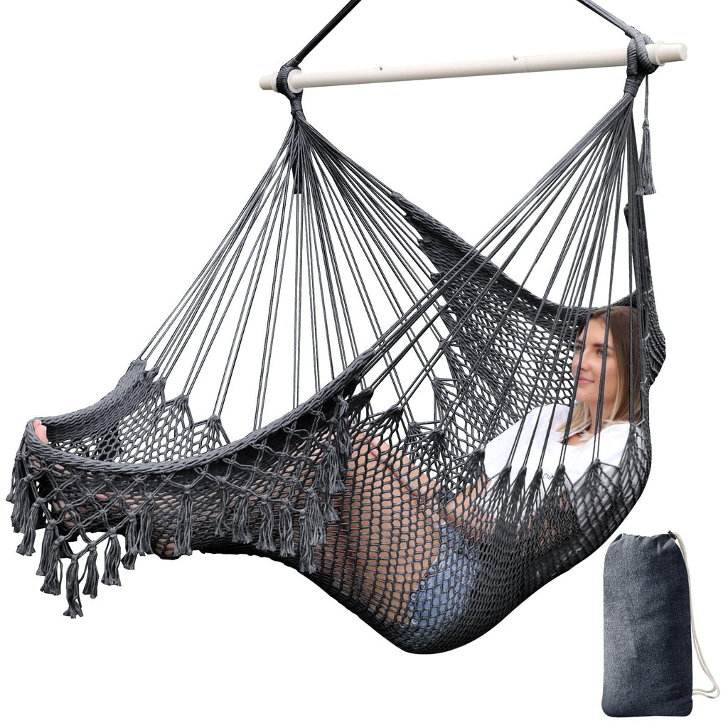 Chihee Hammock Chair Handmade Hanging Chair Cotton Rope Woven Hanging Seat Soft-Spun Large Stretch Hammock Swing, Collapsible Strong Metal Spreader Bar Elegant Macrame Comfort Indoor Outdoor Garden