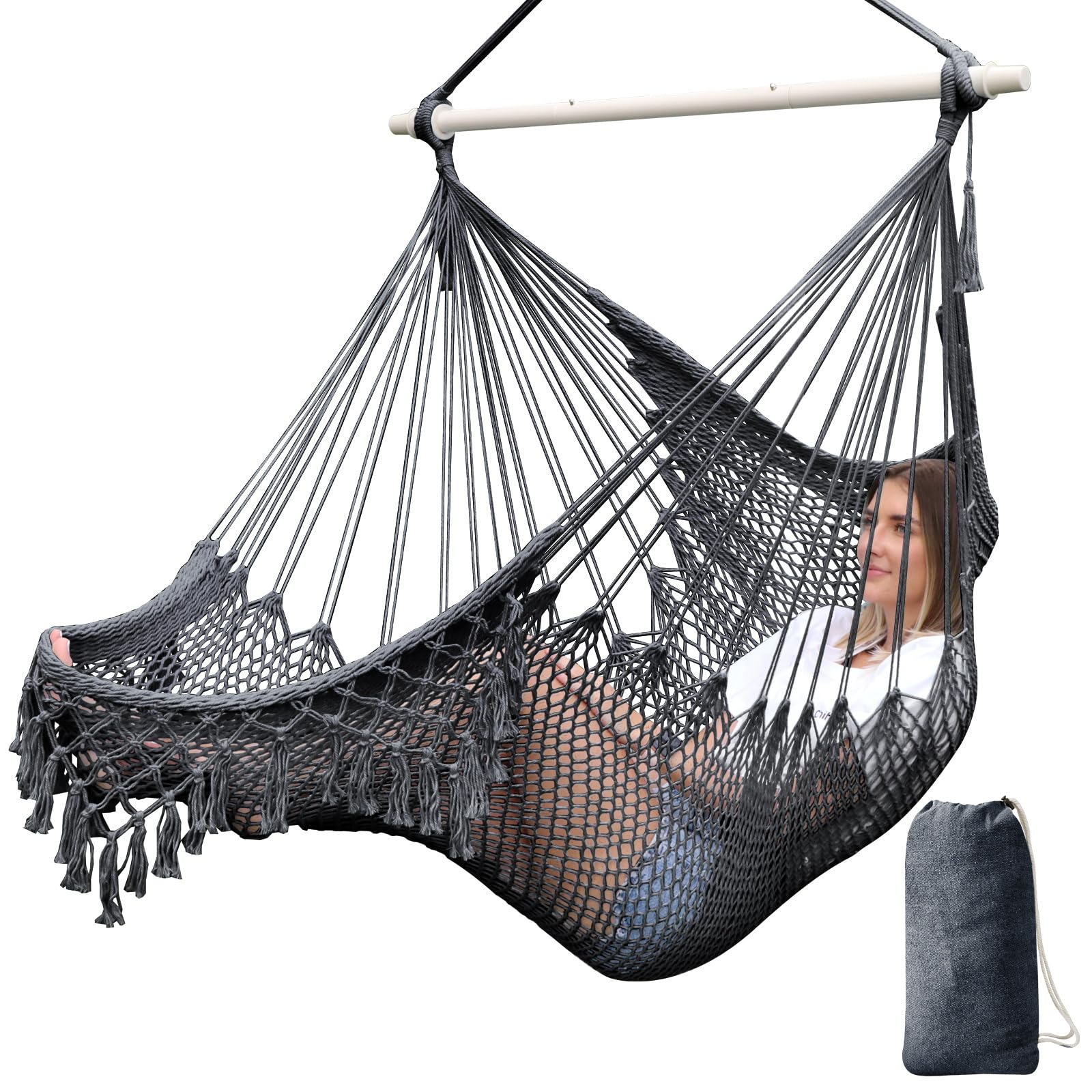 Chihee Hammock Chair Handmade Hanging Chair Cotton Rope Woven Hanging Seat Soft-Spun Large Stretch Hammock Swing, Collapsible Strong Metal Spreader Bar Elegant Macrame Comfort Indoor Outdoor Garden