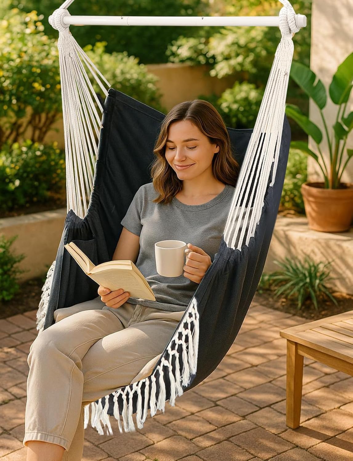 Chihee Hammock Chair Hanging Swing Max 500 Lbs 2 Cushions Included Steel Spreader Bar with Anti-Slip Grooves Portable Hanging Chair Side Pocket Large Macrame Bohemian Chair Indoor Outdoor