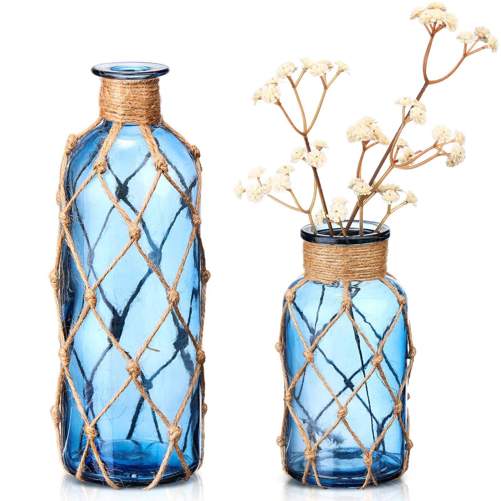 Chuangdi Set of 2 Coastal Glass Vases for Flowers TSITP Flower Vase with Boho Rope Small Sea Glass Jar Nautical Beach Bottle for Wedding Table Centerpieces Floral Arrangement Decor(Green)