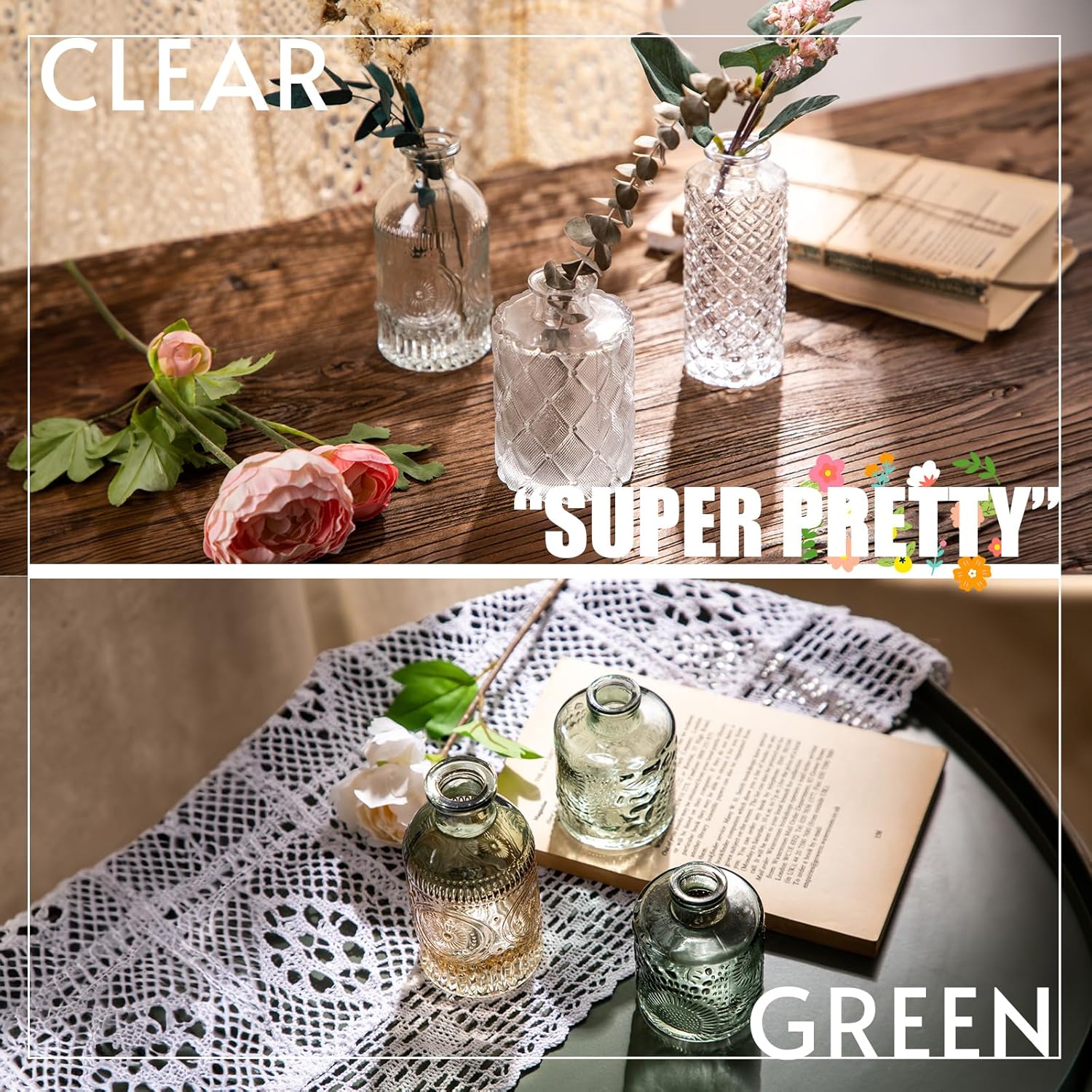 Set of 6 Gradient Embossed Glass Mini Bud Vases, Clear Green Vintage Decor Flower Bottles 3.3"-5.2"H