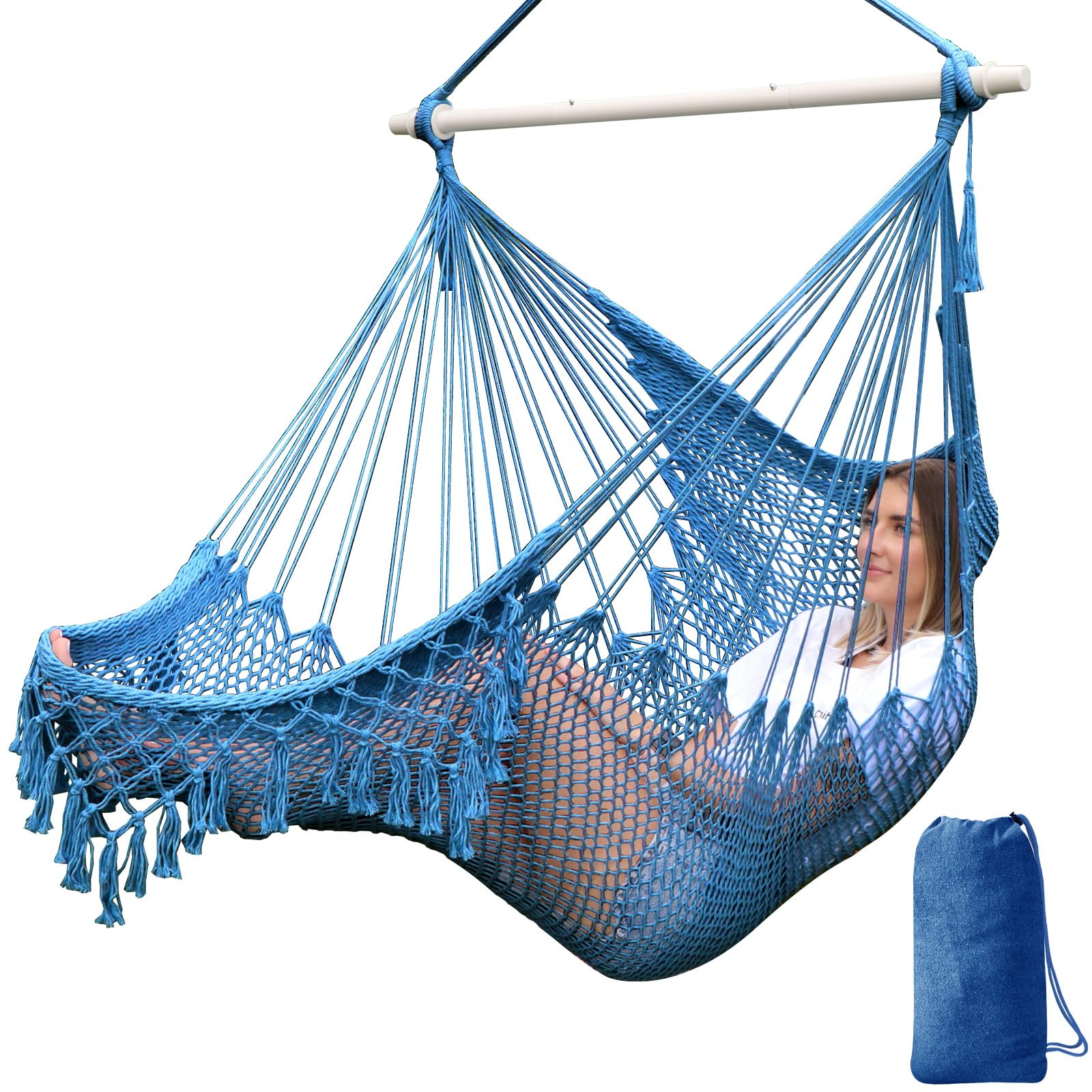 Chihee Hammock Chair Handmade Hanging Chair Cotton Rope Woven Hanging Seat Soft-Spun Large Stretch Hammock Swing, Collapsible Strong Metal Spreader Bar Elegant Macrame Comfort Indoor Outdoor Garden