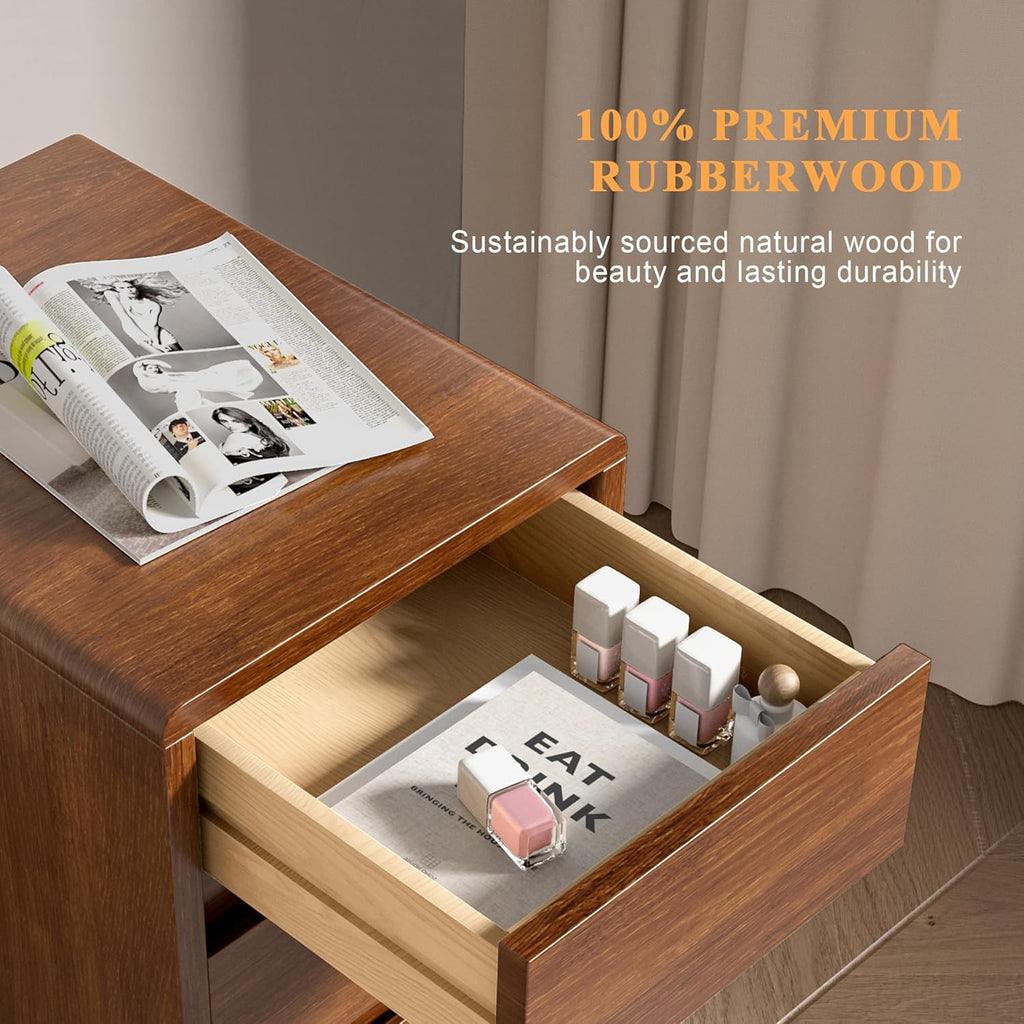Narrow Nightstand 2 Drawers with Open Shelf Narrow Night Stand Solid Wood Bedside Table Mid Century Modern Nightstand Wooden End Table for Bedroom, Living Room, Study, Office