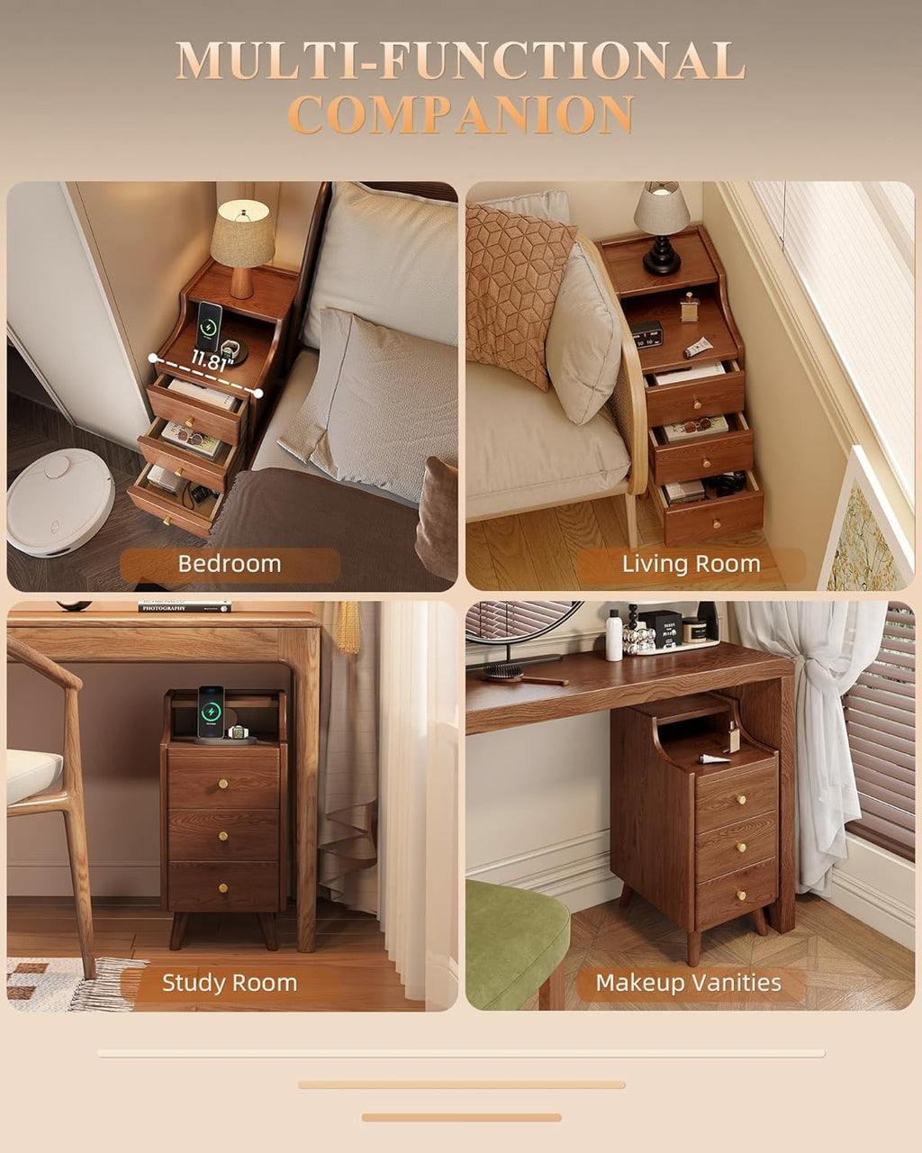 Narrow Nightstand with Drawers, 11.8" Solid Wood Nightstand with Open Shelf & Cable Hole, Modern Night Stand Slim Bedside Table for Small Spaces, Bedroom, Living Room, Study