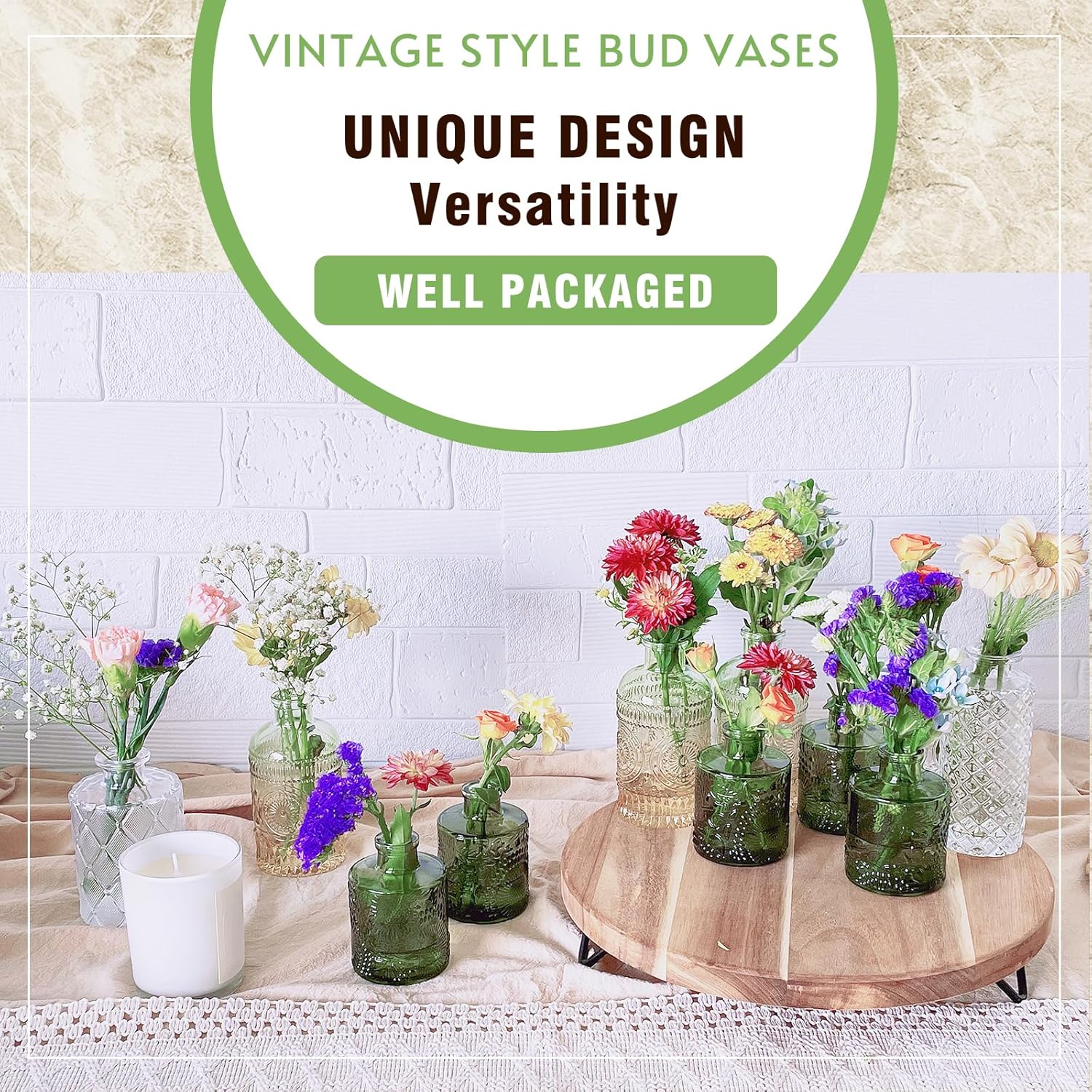 Set of 6 Gradient Embossed Glass Mini Bud Vases, Clear Green Vintage Decor Flower Bottles 3.3"-5.2"H