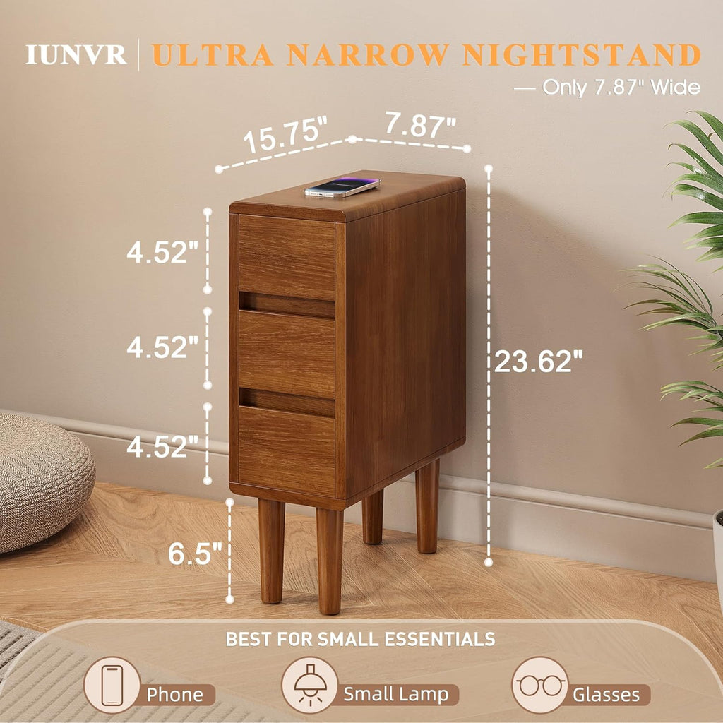Narrow Nightstand with 3 Drawers Narrow Night Stand Solid Wood Bedside Table Mid Century Modern Nightstand Wooden End Table for Bedroom, Living Room, Study, Office