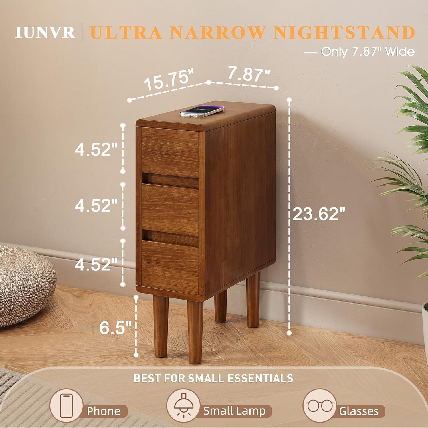 Narrow Nightstand with 3 Drawers Narrow Night Stand Solid Wood Bedside Table Mid Century Modern Nightstand Wooden End Table for Bedroom, Living Room, Study, Office