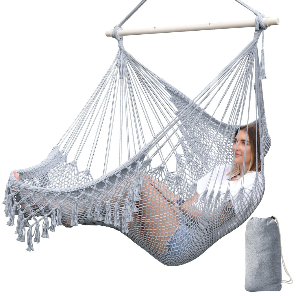 Chihee Hammock Chair Handmade Hanging Chair Cotton Rope Woven Hanging Seat Soft-Spun Large Stretch Hammock Swing, Collapsible Strong Metal Spreader Bar Elegant Macrame Comfort Indoor Outdoor Garden