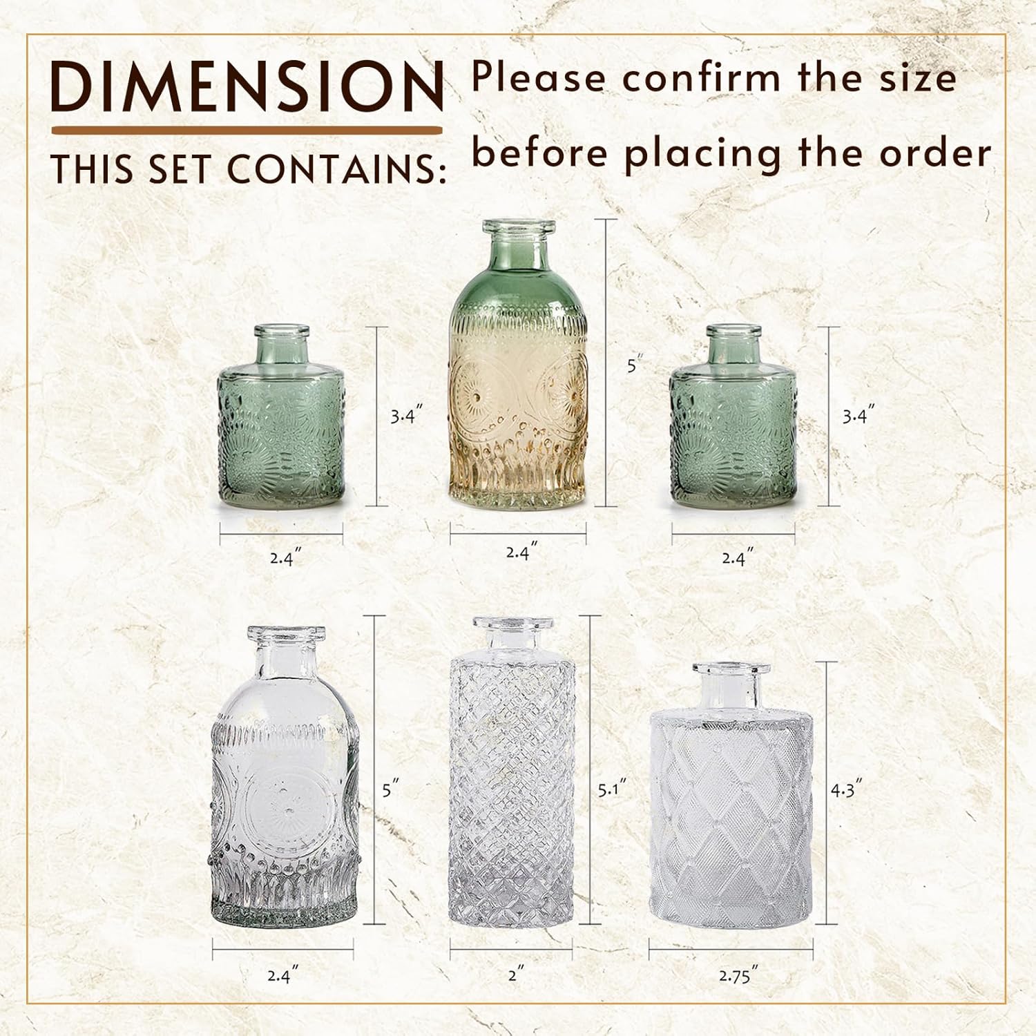 Set of 6 Gradient Embossed Glass Mini Bud Vases, Clear Green Vintage Decor Flower Bottles 3.3"-5.2"H