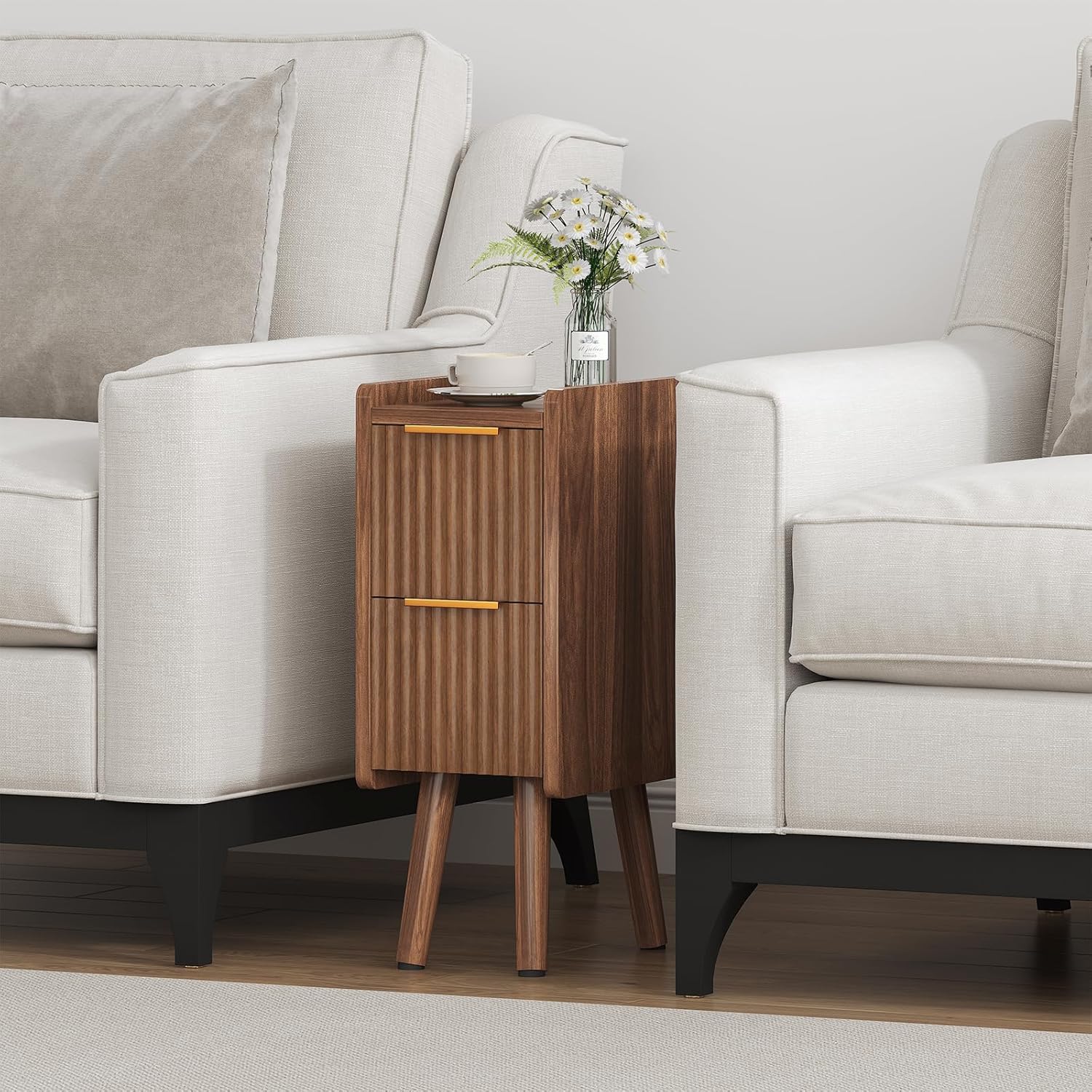 ELYKEN 7.9" Narrow Side Table, 20.6" H Fluted Nightstand with Drawers, Wooden Small End Table for Small Spaces, Modern Skinny Bedside Table, Slim Nightstand for Bedroom, Walnut