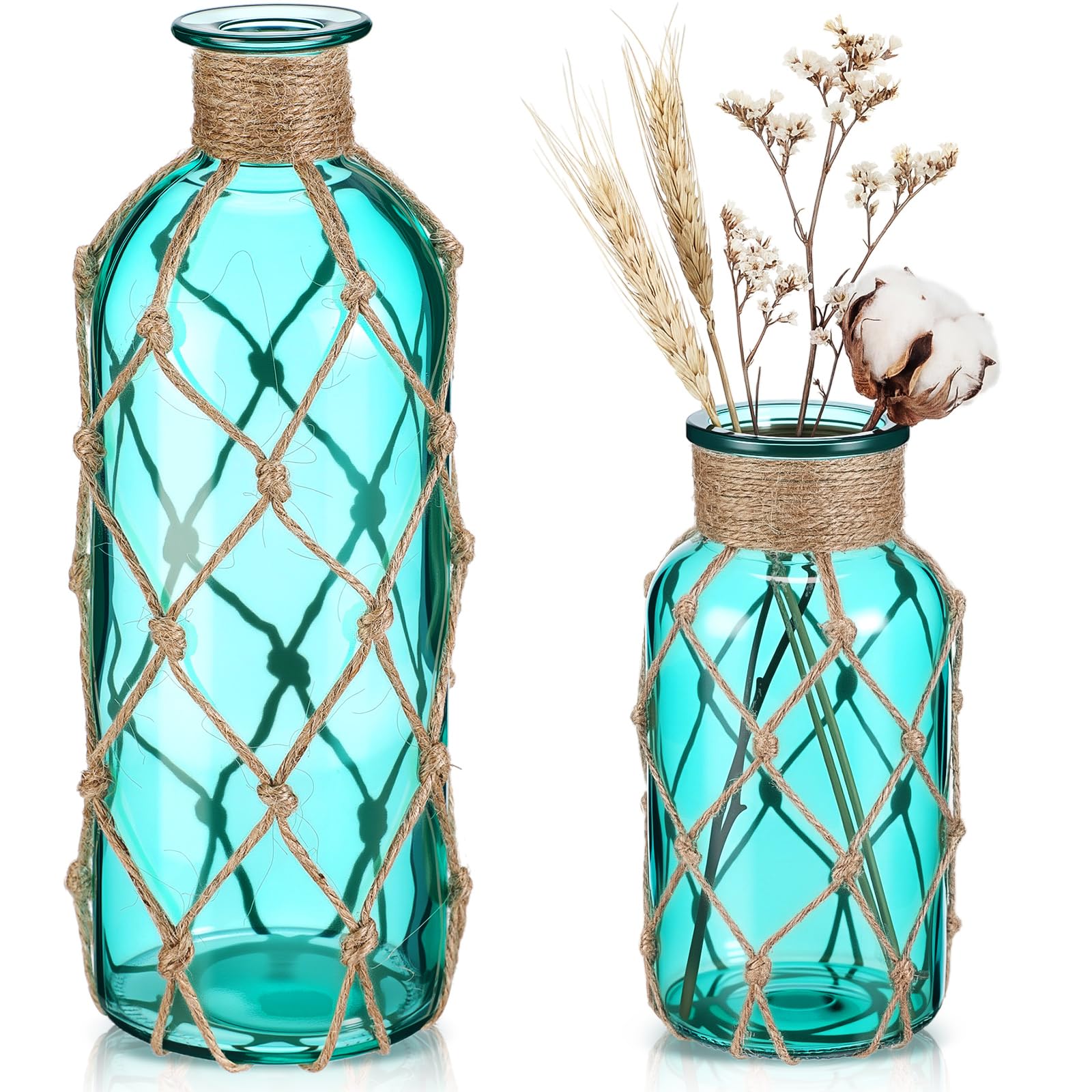 Chuangdi Set of 2 Coastal Glass Vases for Flowers TSITP Flower Vase with Boho Rope Small Sea Glass Jar Nautical Beach Bottle for Wedding Table Centerpieces Floral Arrangement Decor(Green)