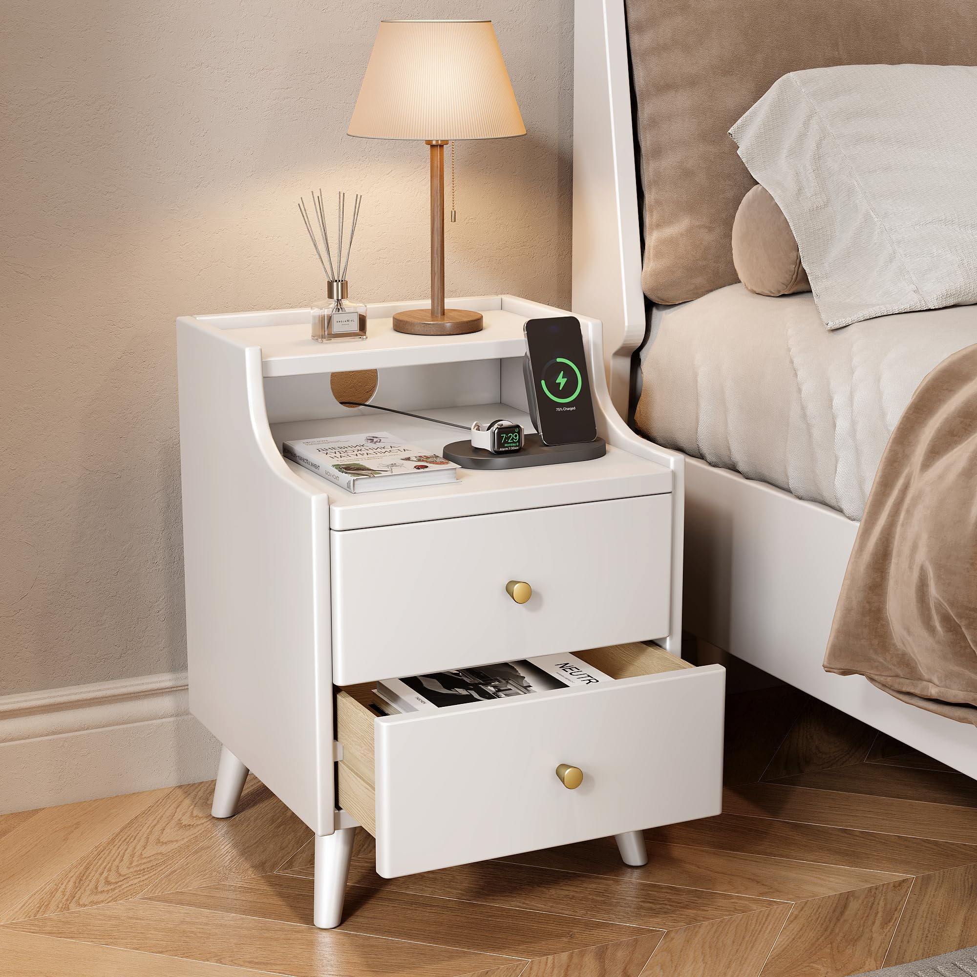 Narrow Nightstand with Drawers, 7.9" Solid Wood Nightstand with Open Shelf & Cable Hole, Modern Night Stand Slim Bedside Table for Small Spaces, Bedroom, Living Room, Study