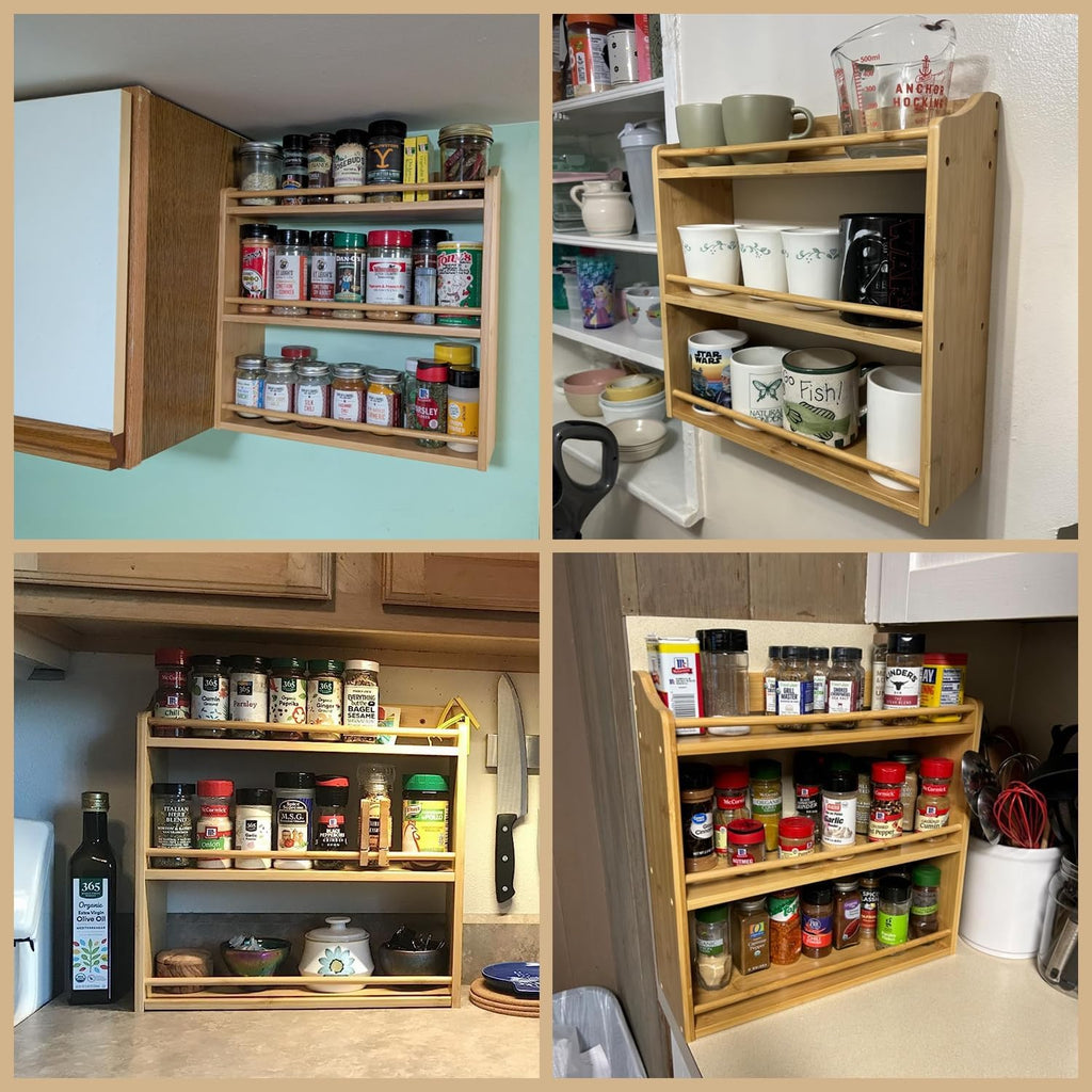 3 Tier Bamboo Spice Rack, Seasoning Jars Rack Shelf Spice Organizer for Kitchen Counter or Wall Mounting