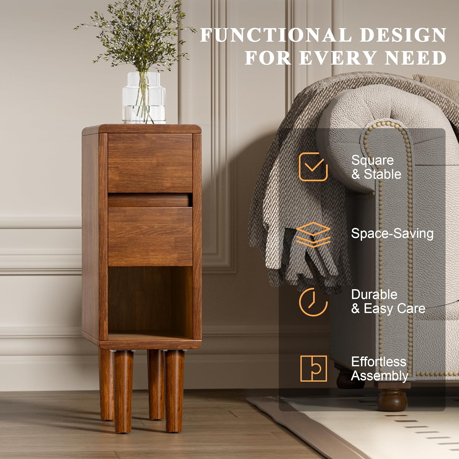 Narrow Nightstand 2 Drawers with Open Shelf Narrow Night Stand Solid Wood Bedside Table Mid Century Modern Nightstand Wooden End Table for Bedroom, Living Room, Study, Office